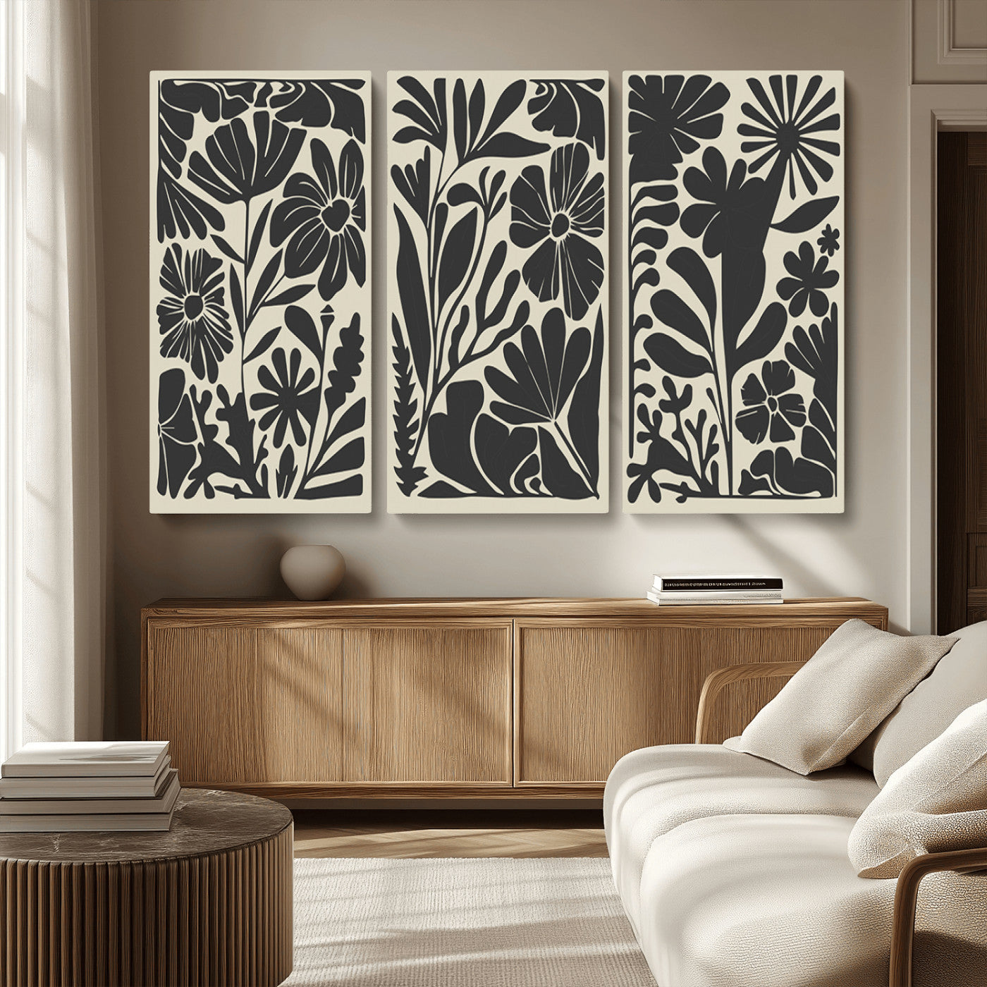 MGV-CV-48X32-3P - Modern Botanical Wall Art - Floral Black and White Canvas Print, Framed, Ready to Hang