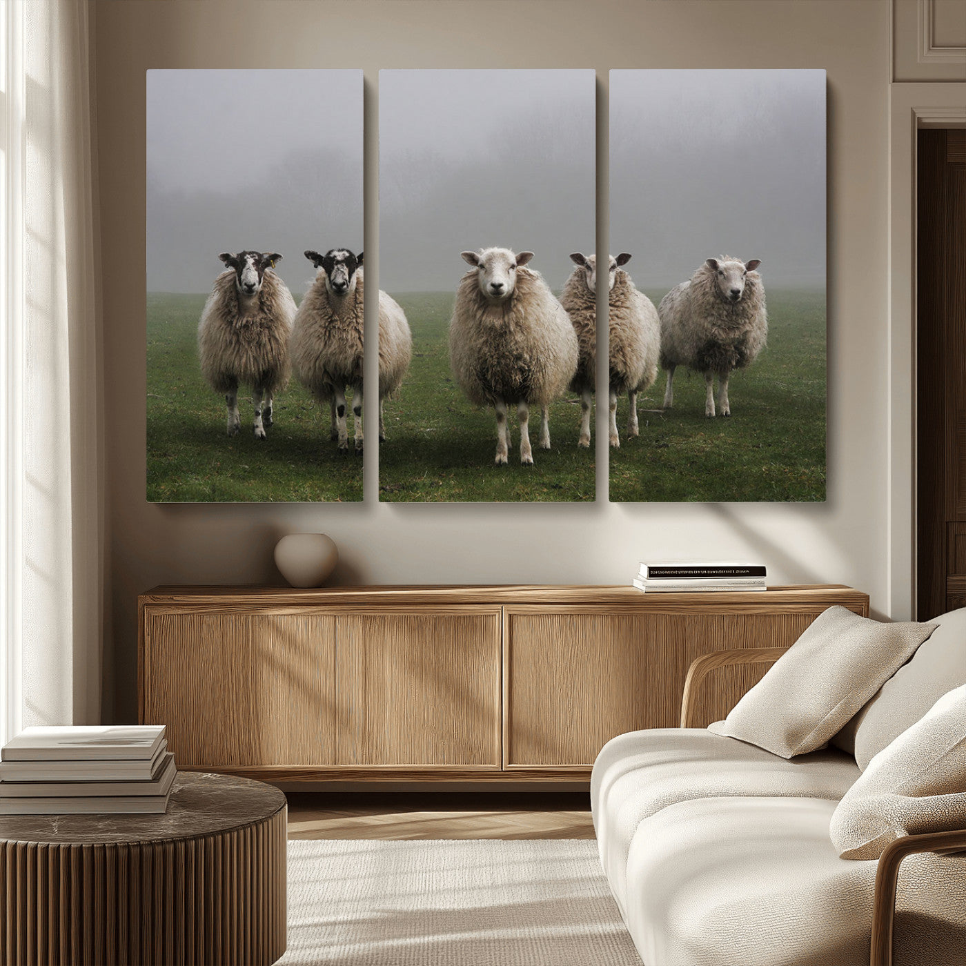 -Flock of Sheep in a Mystical Fog – Pastoral Wall Art Canvas Print, Framed, Ready to Hang