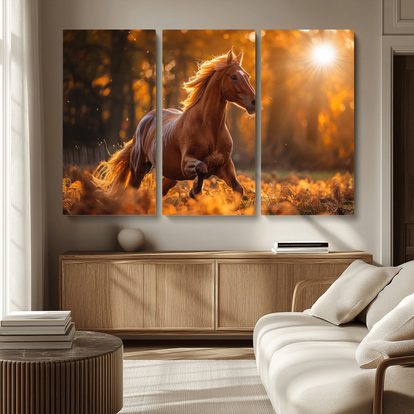 -Running Horse Sunset Forest Wall Art Canvas Print
