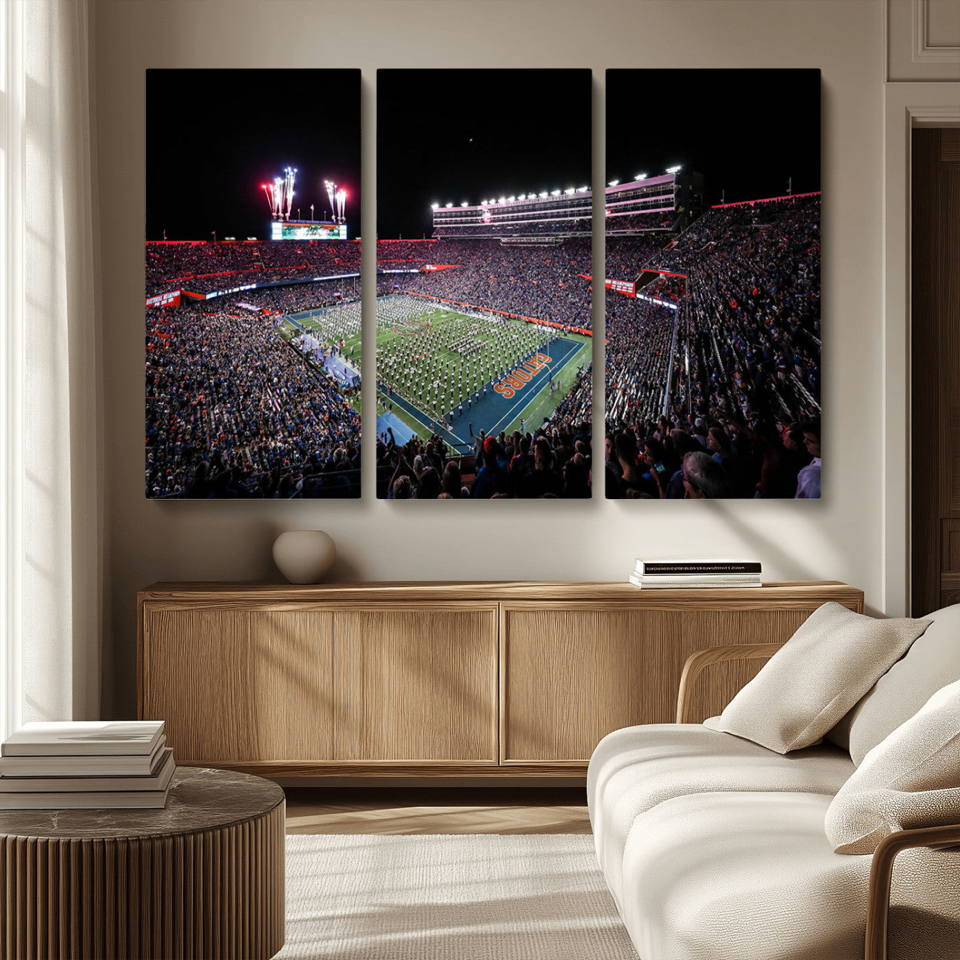 MGV-CV-48X32-3P - Ben Hill Griffin Stadium Night Game Triple Canvas Wall Art - Florida Gators Football Match
