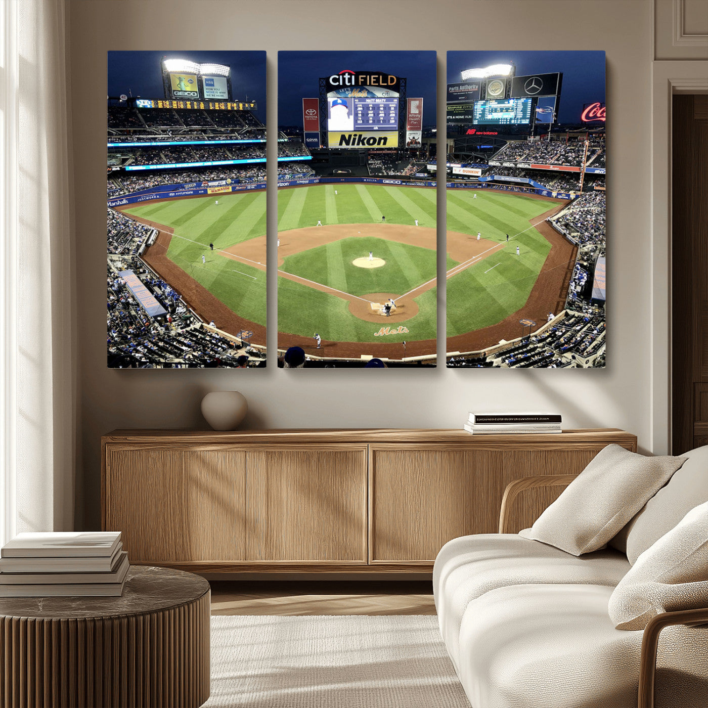 MGV-CV-48X32-3P - Citi Field Wall Art Print | 3-Panel New York Mets Baseball Stadium Canvas Print | Framed Sports Decor for Living Room, Man Cave, or Office Decor