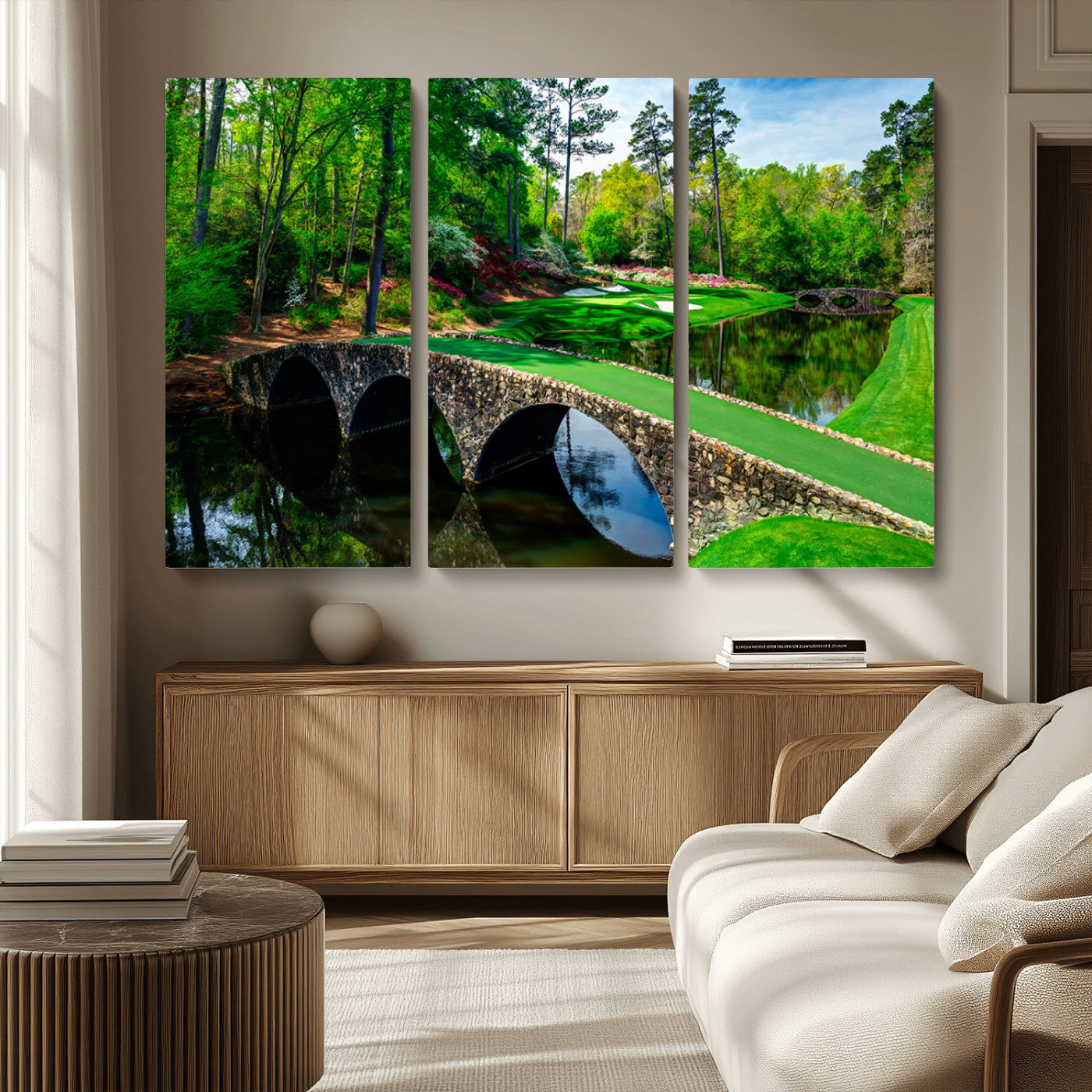 MGV-CV-48X32-3P - Augusta National Golf Club Wall Art - Panoramic Bridge & Lush Greenery – Premium Framed, Ready-to-Hang Triptych Canvas