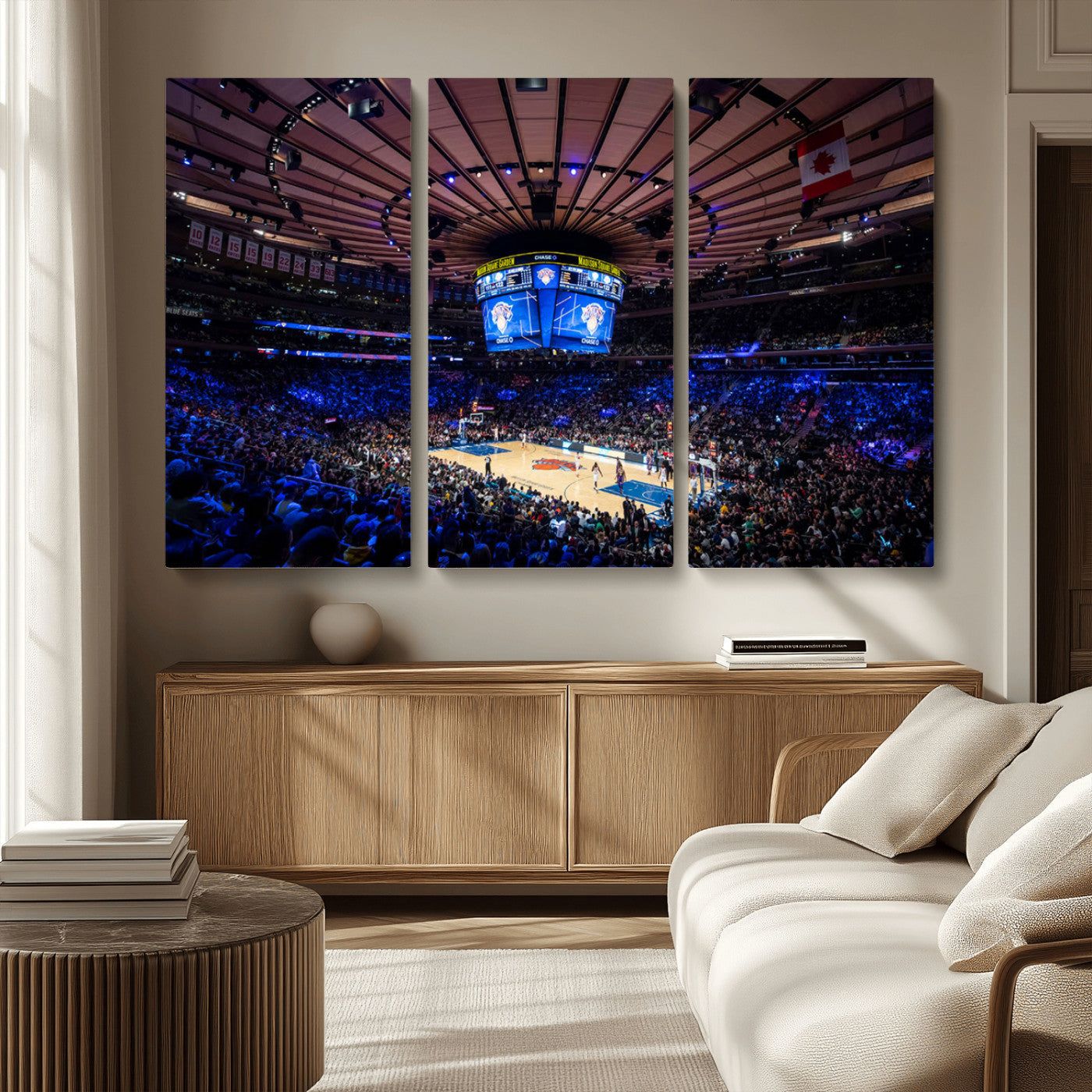 MGV-CV-48X32-3P - Madison Square Garden Basketball Arena Print - Madison Square Garden Basketball Game Triple Canvas Wall Art - NBA Match Atmosphere