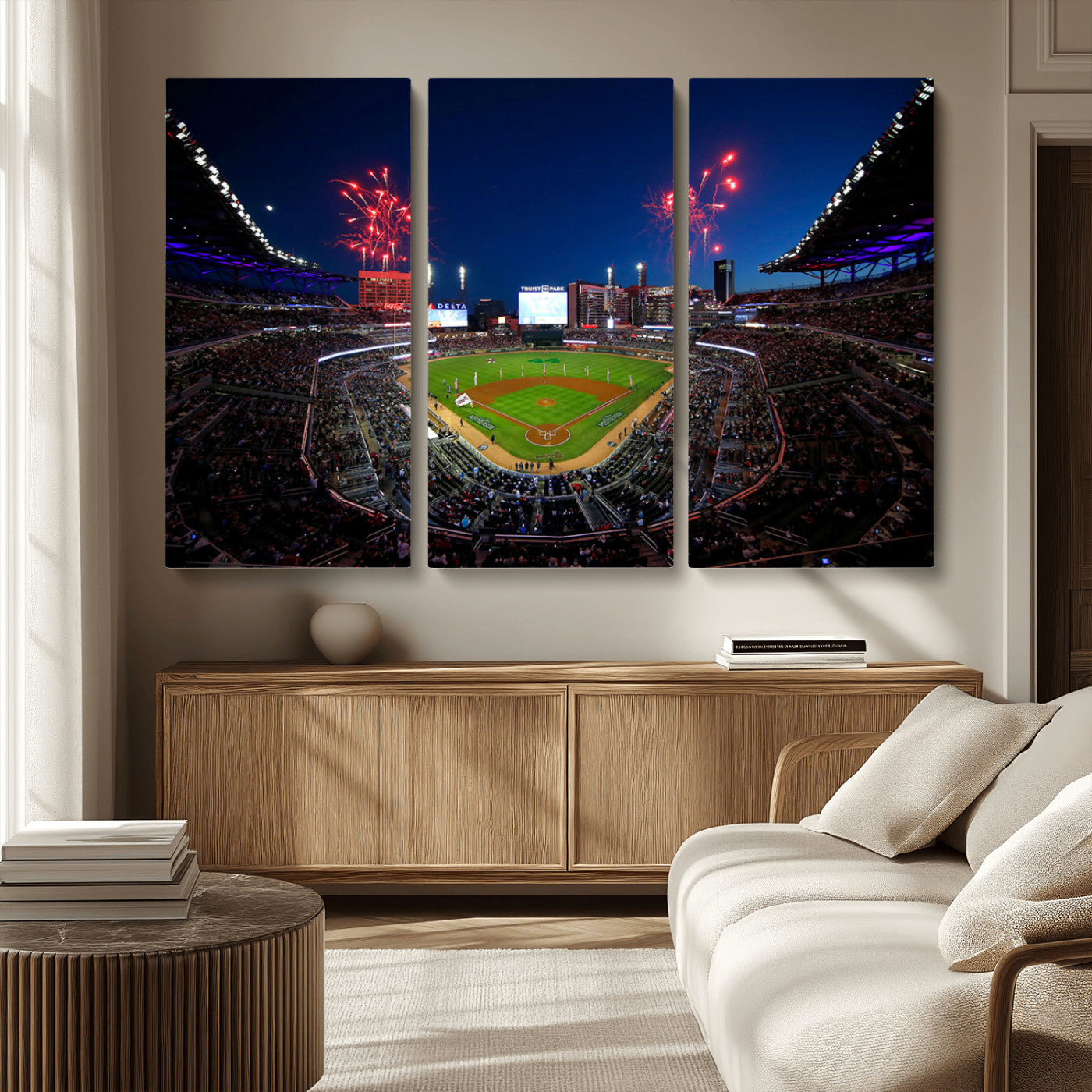 MGV-CV-48X32-3P - Truist Park Atlanta Braves Baseball Stadium Wall Art Print | Large 3-Panel Canvas Print for Sports