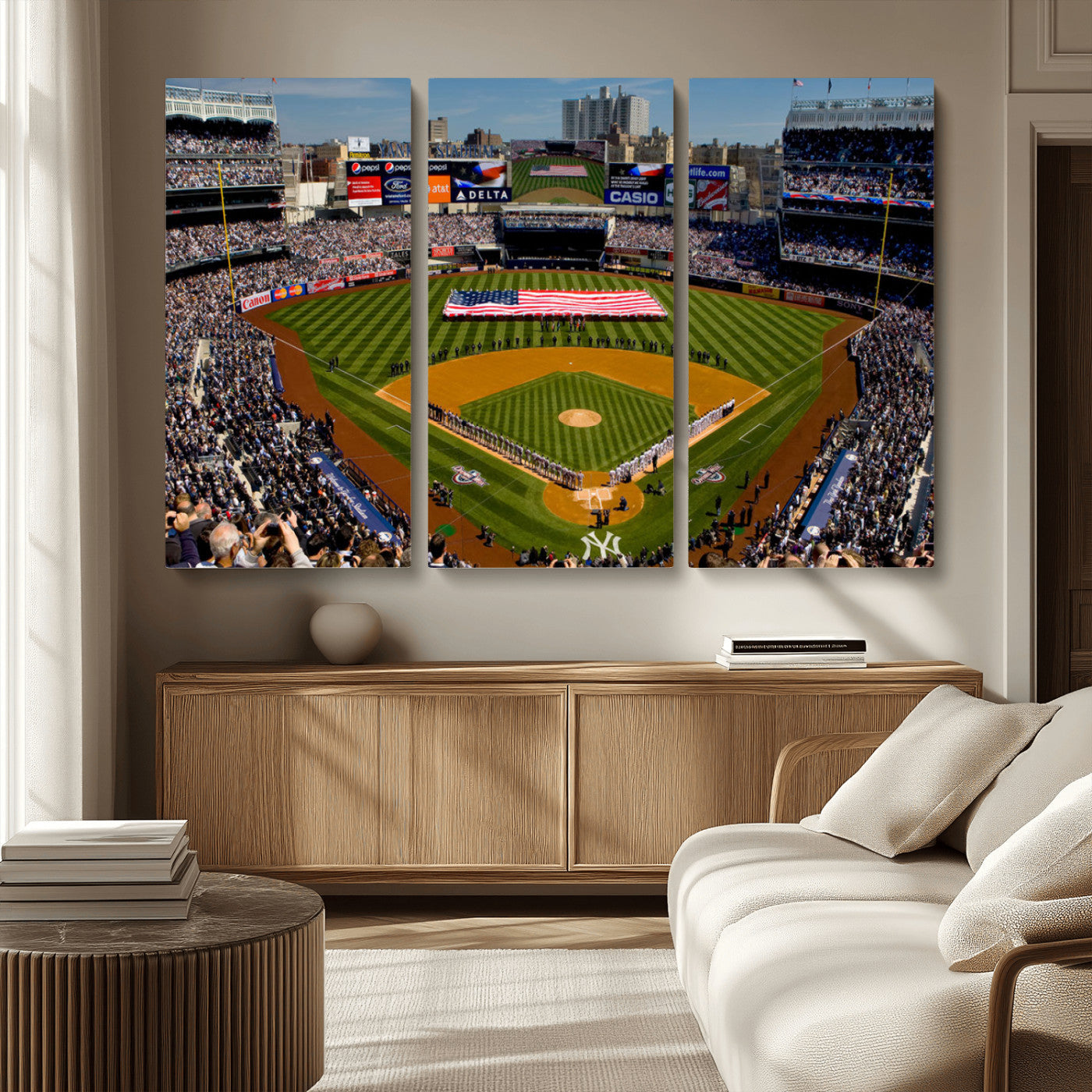 MGV-CV-48X32-3P - Yankee Stadium New York Wall Art Print | 3-Panel Canvas Print of Yankees Baseball Stadium | Large Framed Wall Decor for Baseball Fans | Ready-to-Hang
