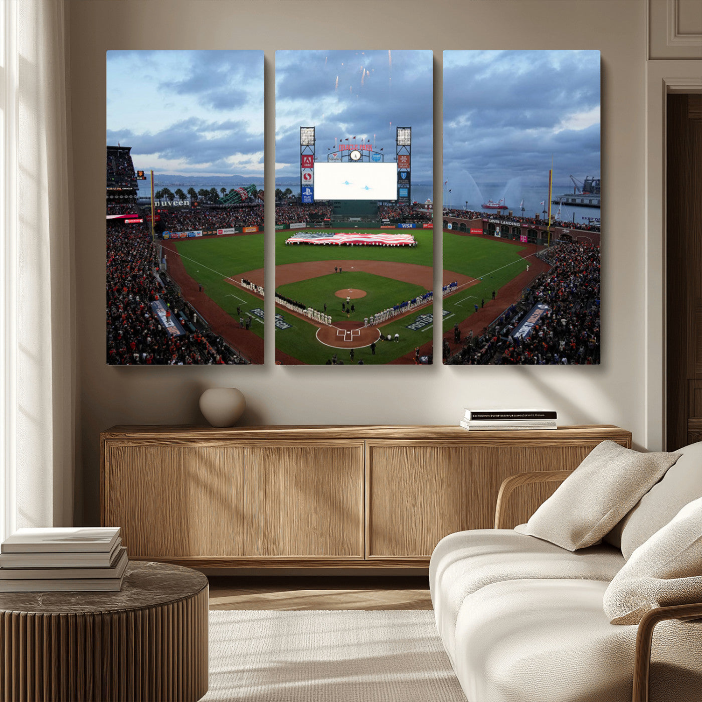 MGV-CV-48X32-3P - Oracle Park San Francisco Giants Wall Art | 3-Panel Canvas Print of Oracle Park Stadium | Large Framed Baseball Wall Decor | Ready-to-Hang MLB Canvas Print