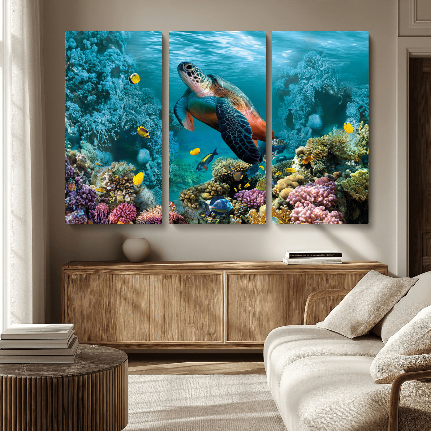 MGV-CV-48X32-3P - Sea Turtle and Coral Reef Triptych Wall Art – Vibrant Underwater Scene Canvas Set for Ocean Lovers and Coastal Decor – Ready to Hang 3-Panel Artwork