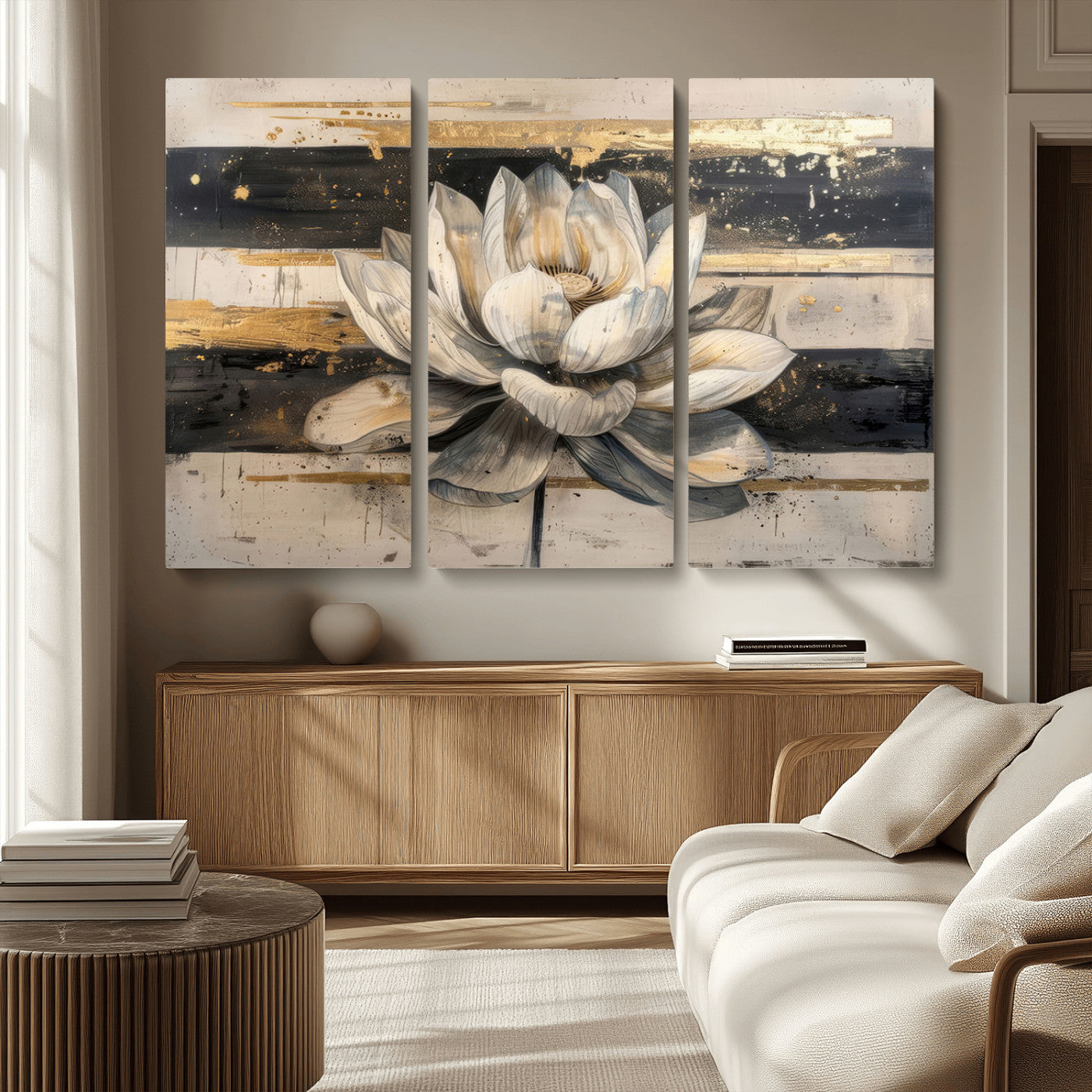 MGV-CV-48X32-3P - Lotus Flower Wall Art Canvas Print, Framed Abstract Lotus Art Picture Print, White Lotus Flower Perfect Abstract Floral Decor Artwork