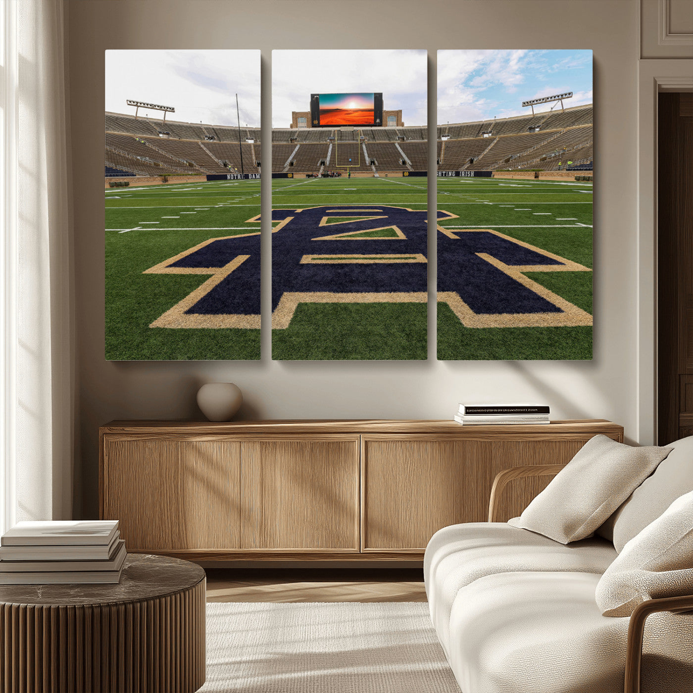 MGV-CV-48X32-3P - Notre Dame Stadium Giclee Canvas Print | Triptych Wall Art Featuring Iconic Notre Dame Football Field | Ready-to-Hang Sports Stadium Decor