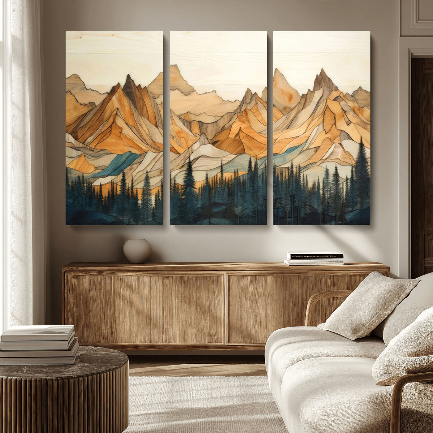 -Rustic Wood Mountain Wall Art Print | Triptych Giclee Print Featuring Handcrafted Forest and