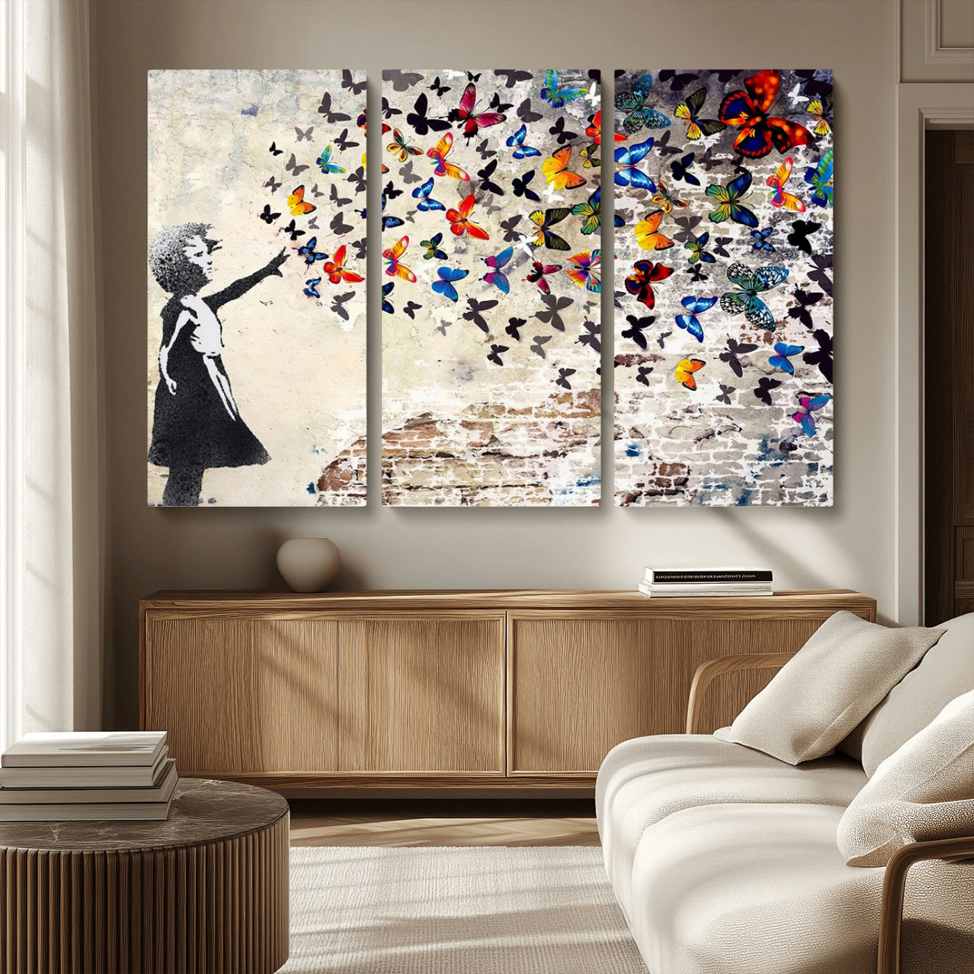 MGV-CV-48X32-3P - Banksy Graffiti Wall Art Canvas Print: Girl Releasing Vibrant Butterflies – Ready to Hang