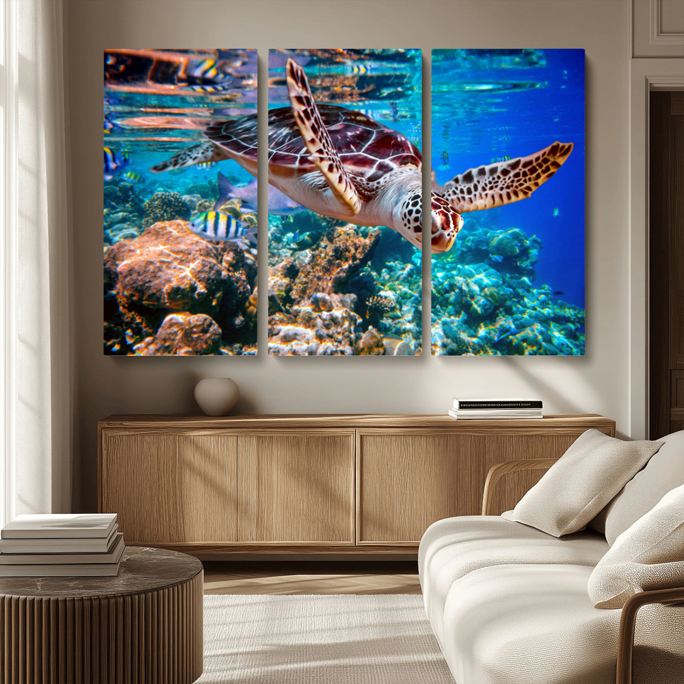 MGV-CV-48X32-3P - Underwater Coral Reef Sea Turtle Wall Art Canvas Print, Vibrant Marine Life | Colorful Ocean Scene