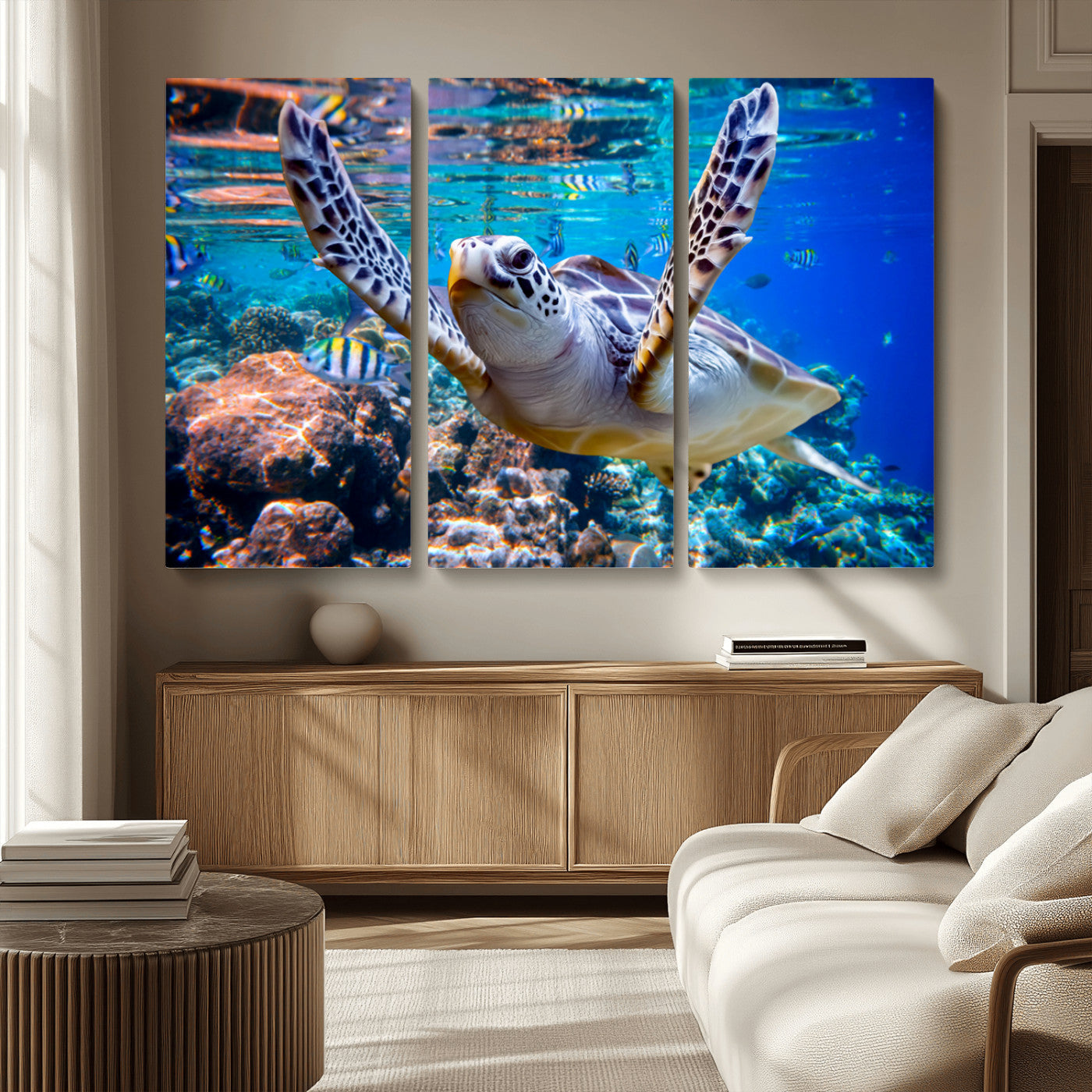 MGV-CV-48X32-3P - Underwater Sea Turtle Wall Art Canvas Print – Vibrant Ocean Coral Reef Décor, Ready to Hang