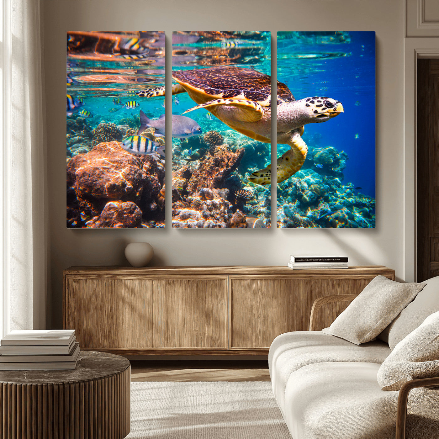 MGV-CV-48X32-3P - Sea Turtle Wall Art Canvas Print – Vibrant Ocean Coral Reef Décor, Ready to Hang