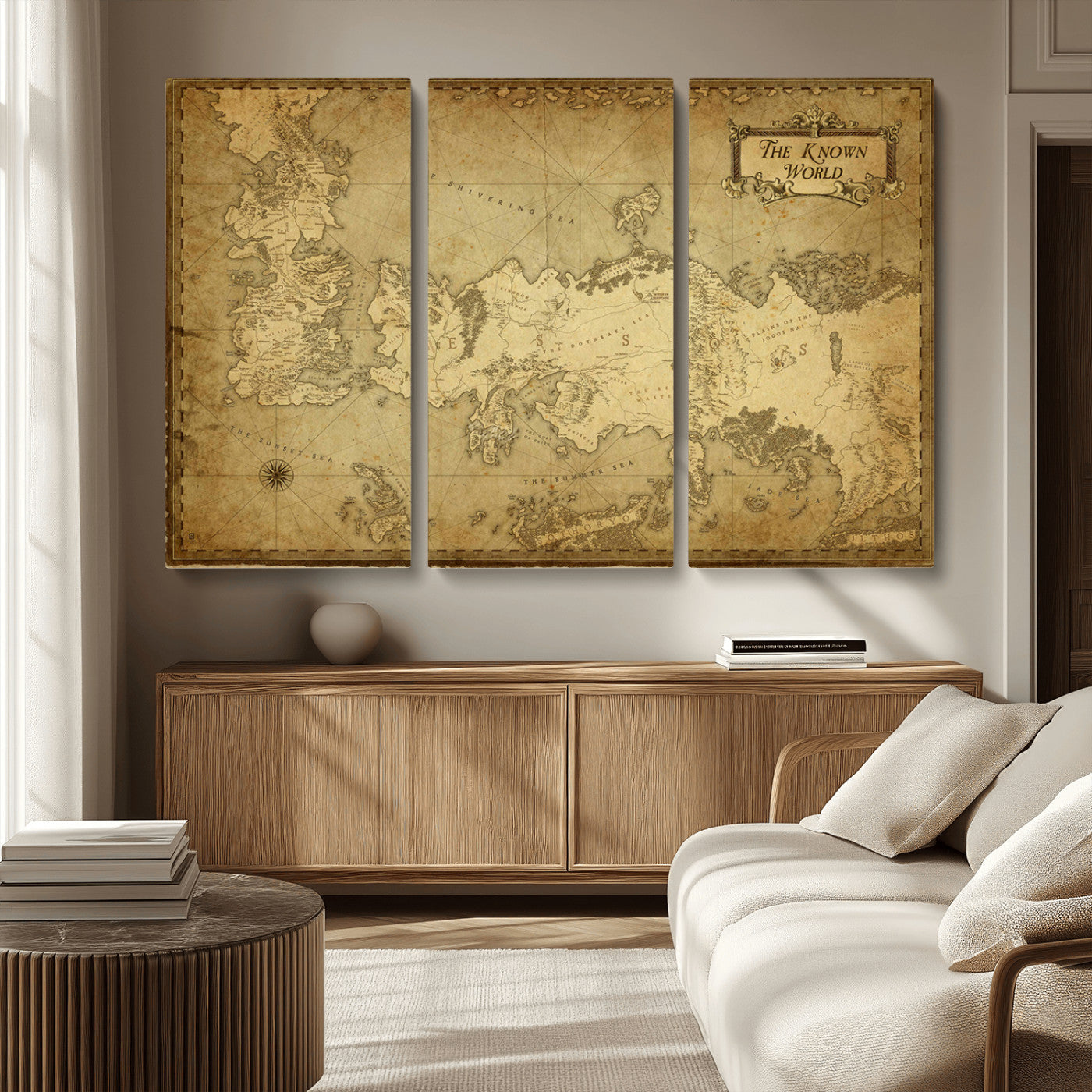 MGV-CV-48X32-3P - Vintage Game of Thrones Map Wall Art | Westeros and Essos Antique Style Print | The Known World in Triptych Canvas | Giclee Canvas for Fantasy Lovers