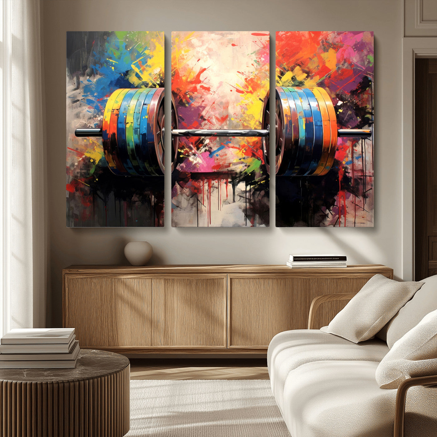 MGV-CV-48X32-3P - Weightlifting Barbell Art Triptych, Bold Abstract Fitness Wall Decor for Gym or Home, Giclee Canvas Print