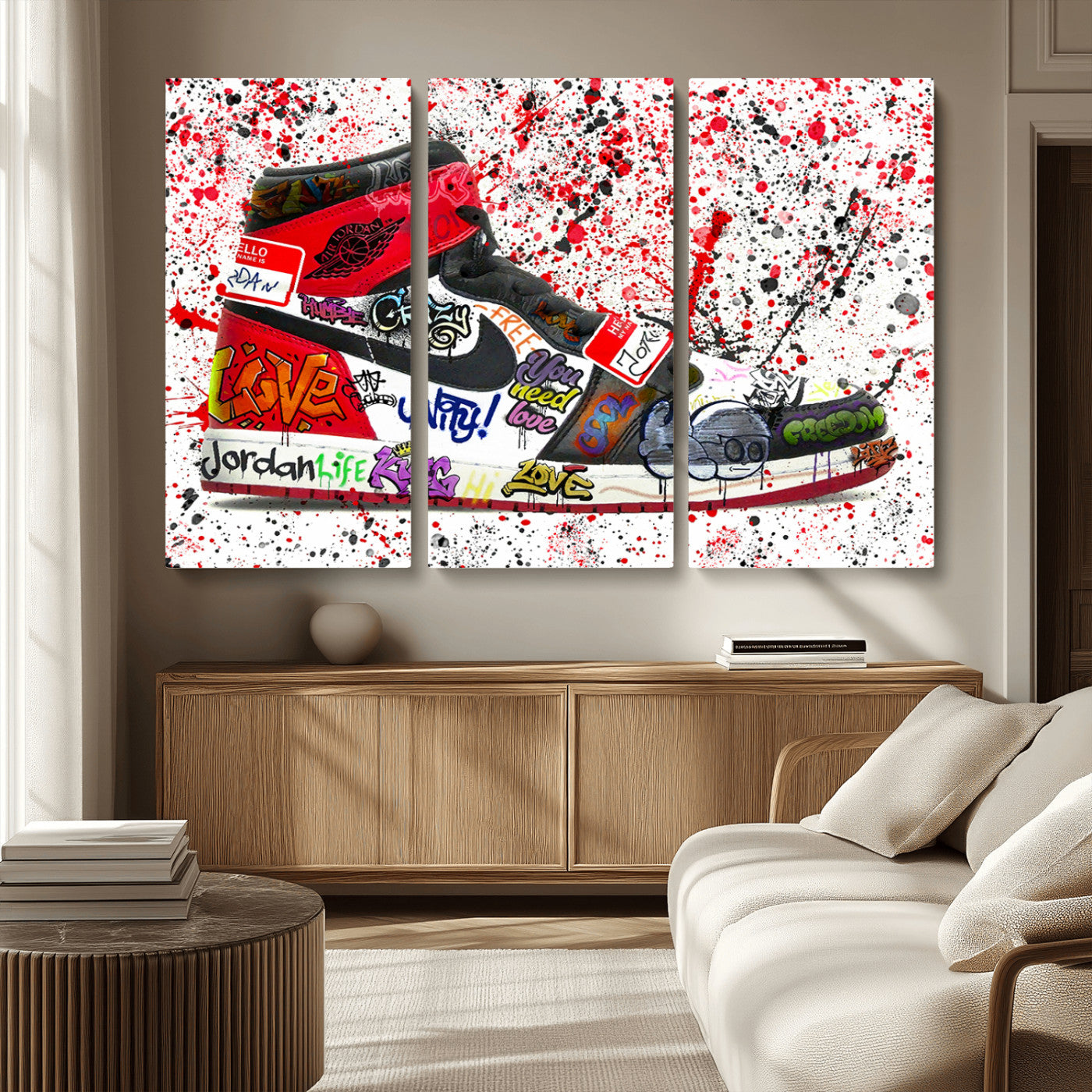 MGV-CV-48X32-3P - Jordan Shoes Graffiti Wall Art Canvas Print- Jordan Graffiti Canvas Wall Art - Framed Perfect for Sneaker heads and Urban Art Lovers