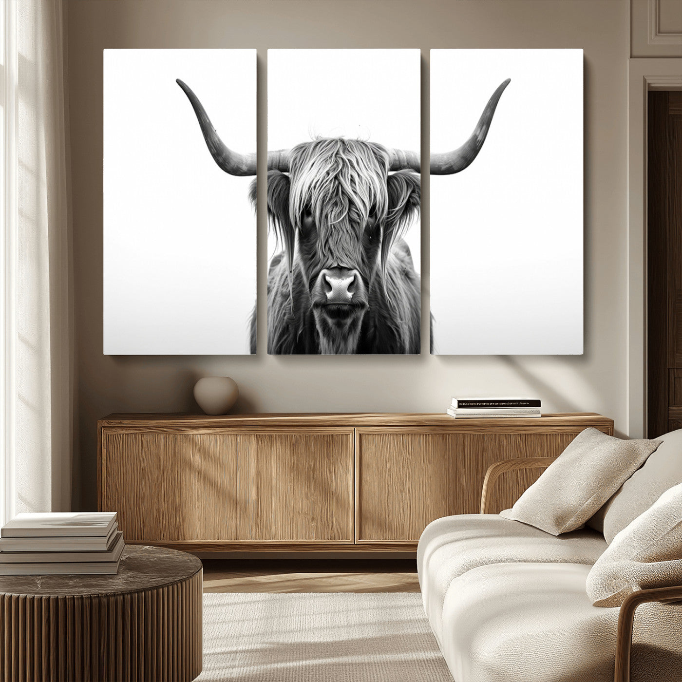 MGV-CV-48X32-3P - Highland Wall Art Canvas Print – Minimalist Black and White Farmhouse Décor, Ready to Hang