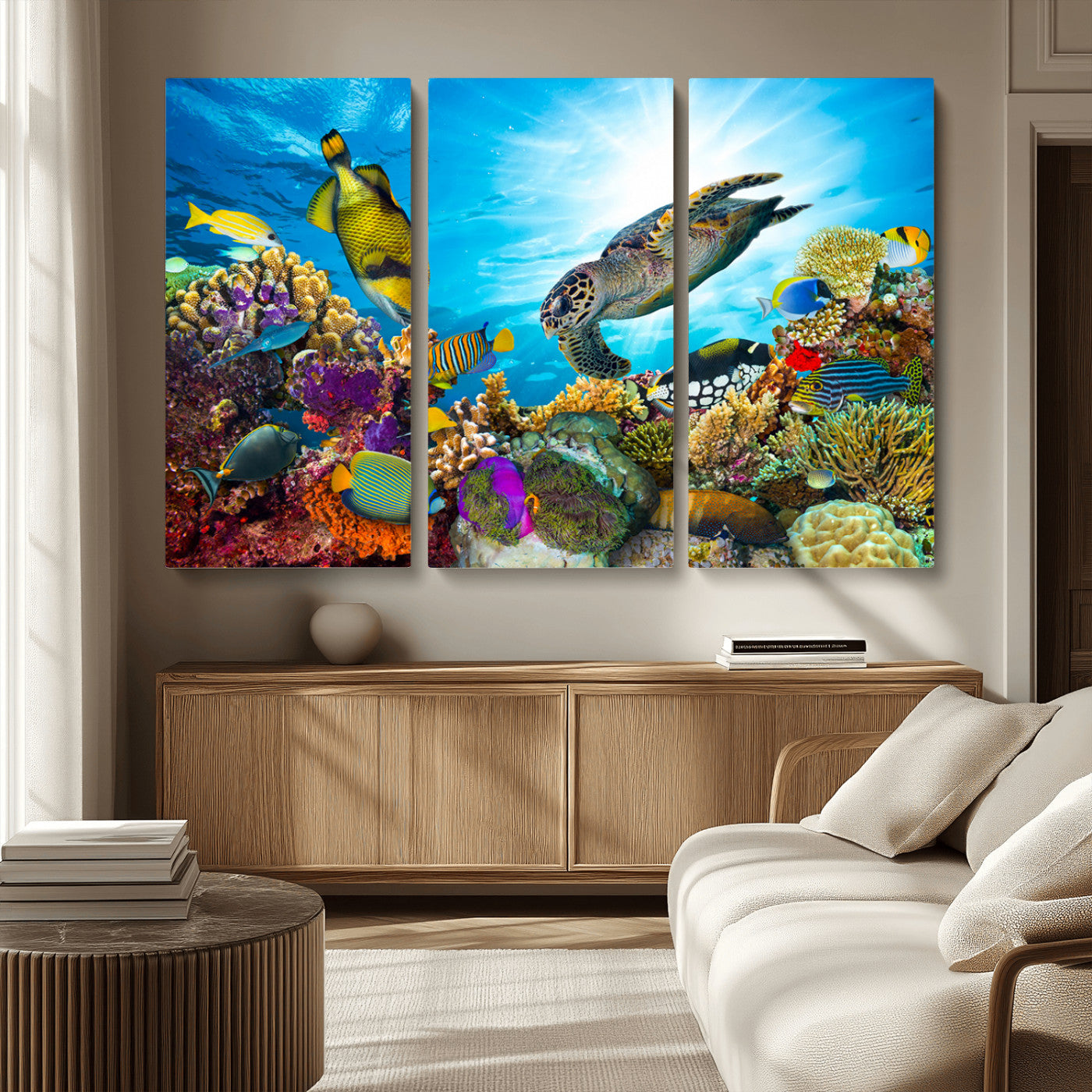 -Colorful Coral Reef and Sea Life Turtle Canvas Print, Underwater Tropical Ocean Wall Art for Home