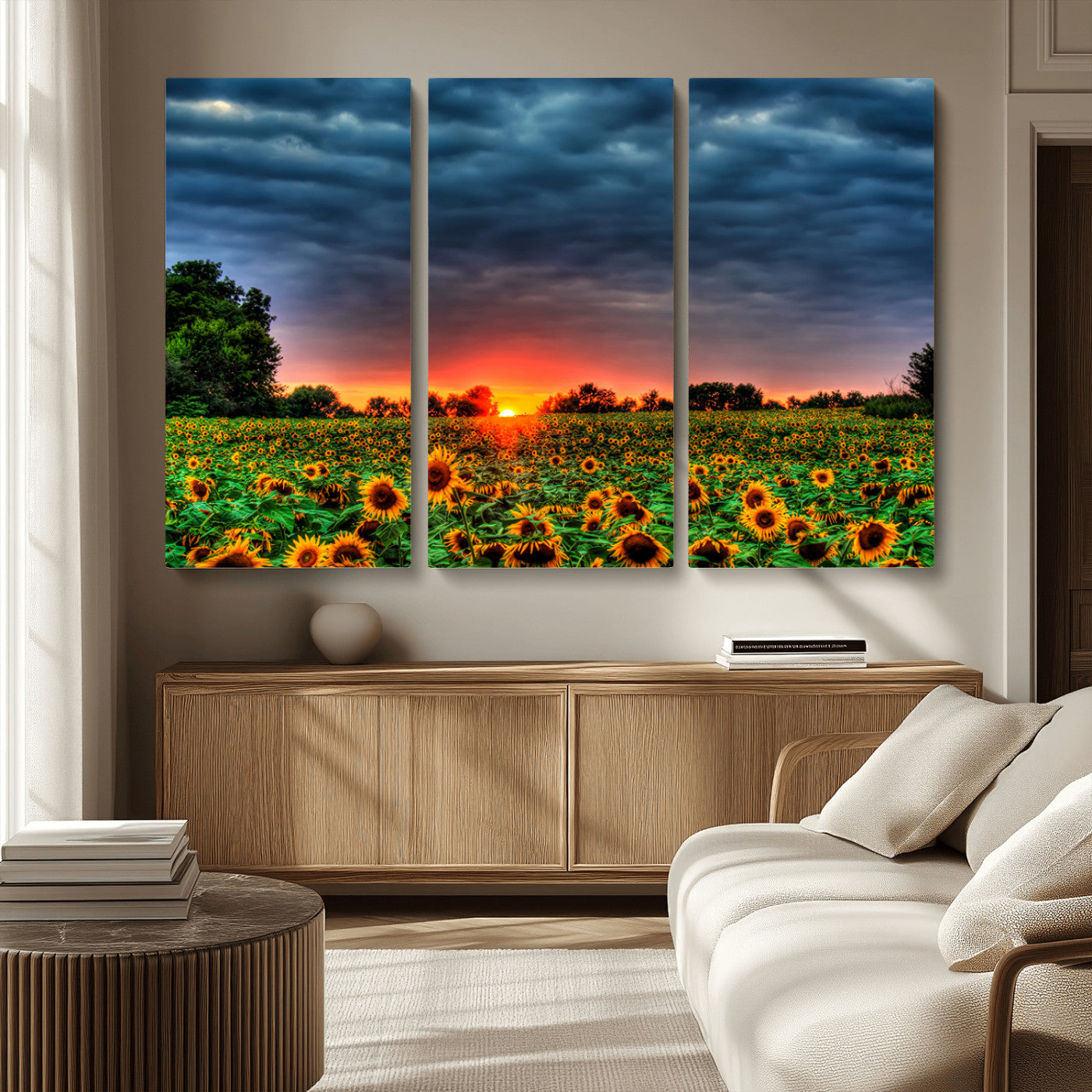 MGV-CV-48X32-3P - Golden Sunflower Field at Sunset – Breathtaking Sky and Vibrant Flowers, Ready to Hang Wall Art