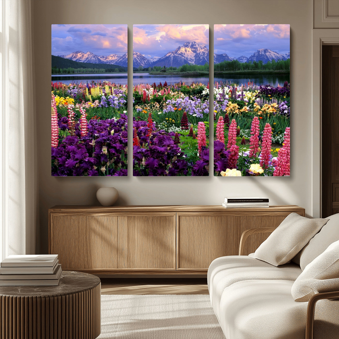 MGV-CV-48X32-3P - Vibrant Wildflower Garden and Mountain View Giclee Canvas Print | Floral Wall Art for Living Room