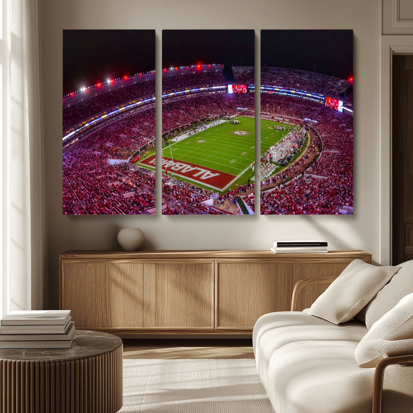MGV-CV-48X32-3P - Bryant-Denny Stadium Night Game Triple Canvas Wall Art - Alabama Crimson Tide Football Match