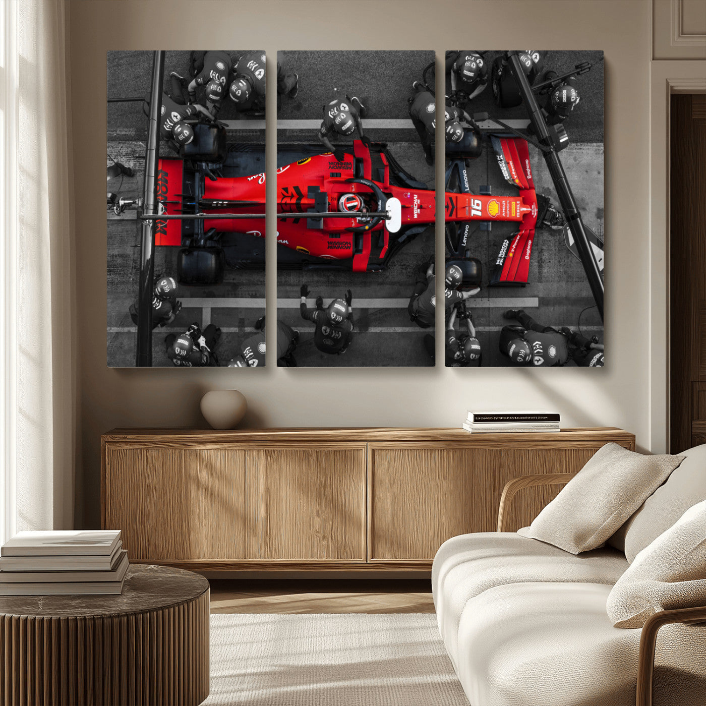 MGV-CV-48X32-3P - Ferrari Pit Stop Canvas Wall Art – Precision and Speed Captured in Bold Motorsport Imagery – Ready