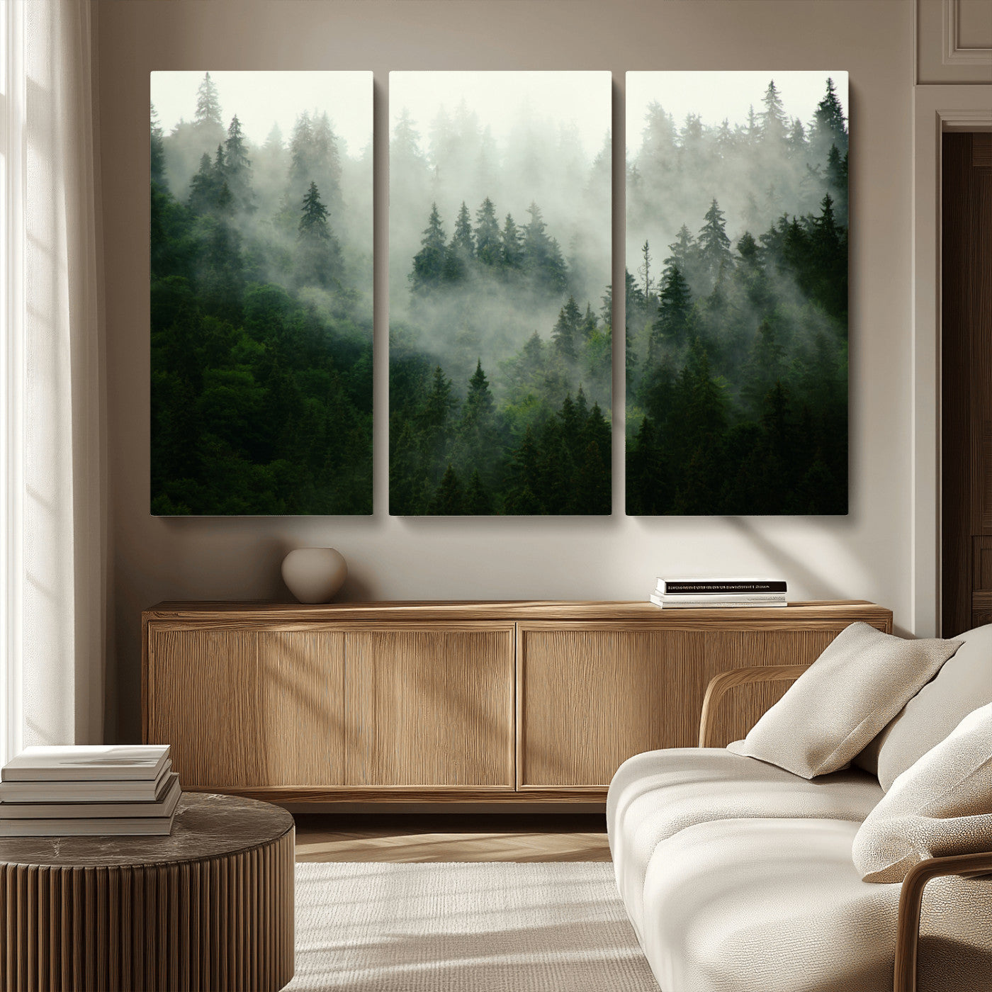 MGV-CV-48X32-3P - Misty Forest Mountain Wall Art Canvas  | Large 3-Panel Foggy Landscape Canvas Print | Nature Misty