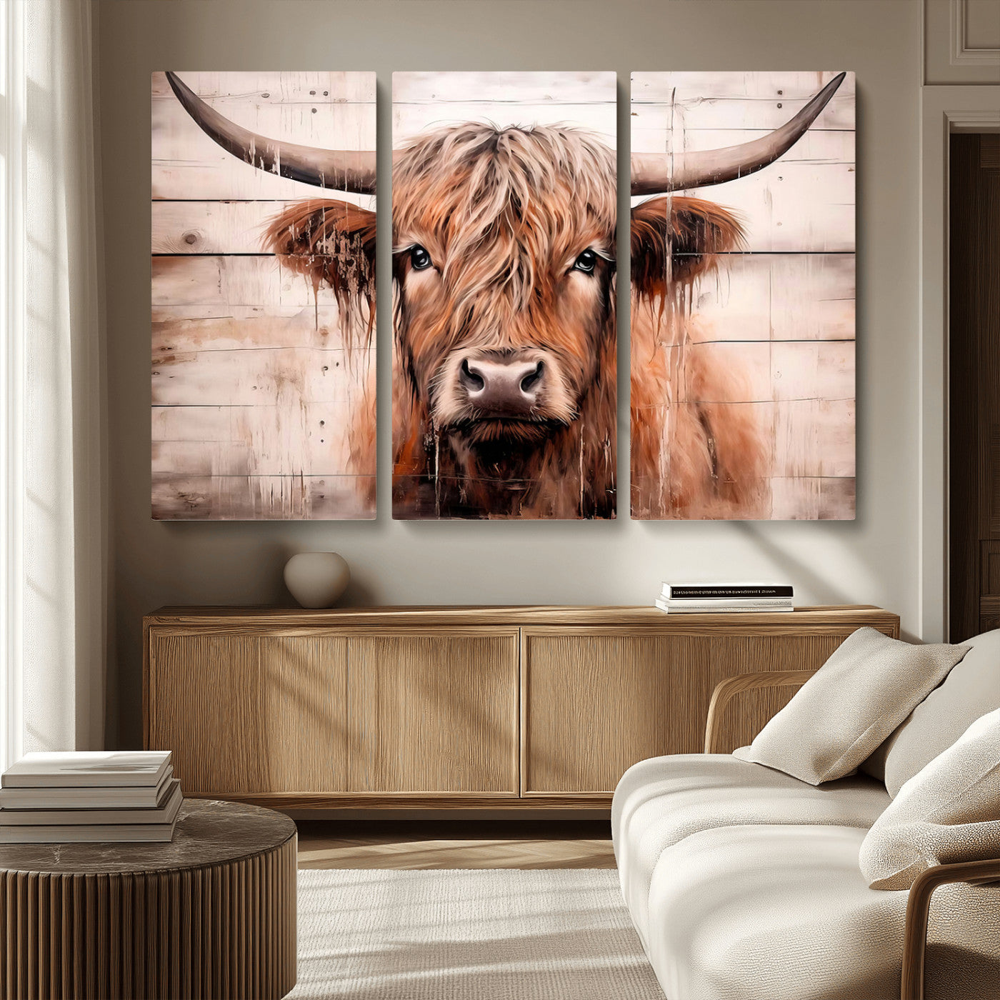 MGV-CV-48X32-3P - Vintage Scottish Highland Cow Cattle Art Print Farmhouse Wall Art Canvas Print
