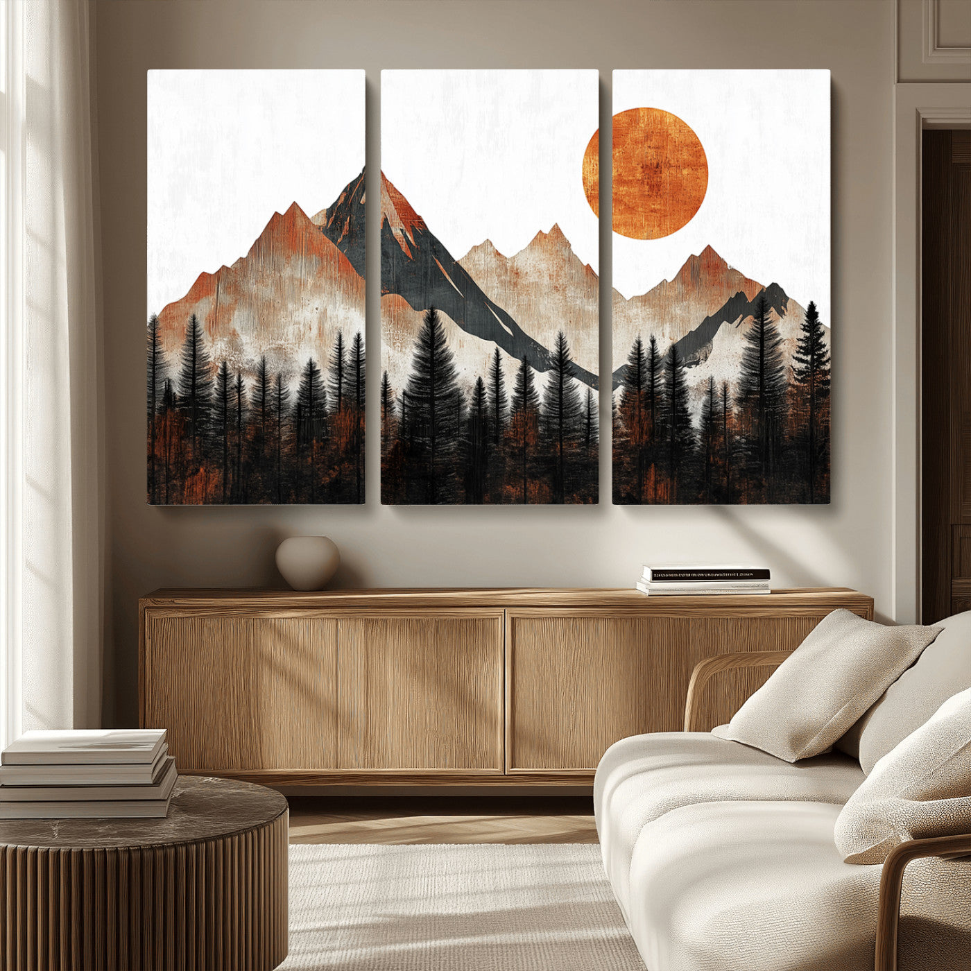 MGV-CV-48X32-3P - Modern Abstract Mountain Canvas Wall Art Print, Abstract Landscape Print, Rustic Sun and Mountains