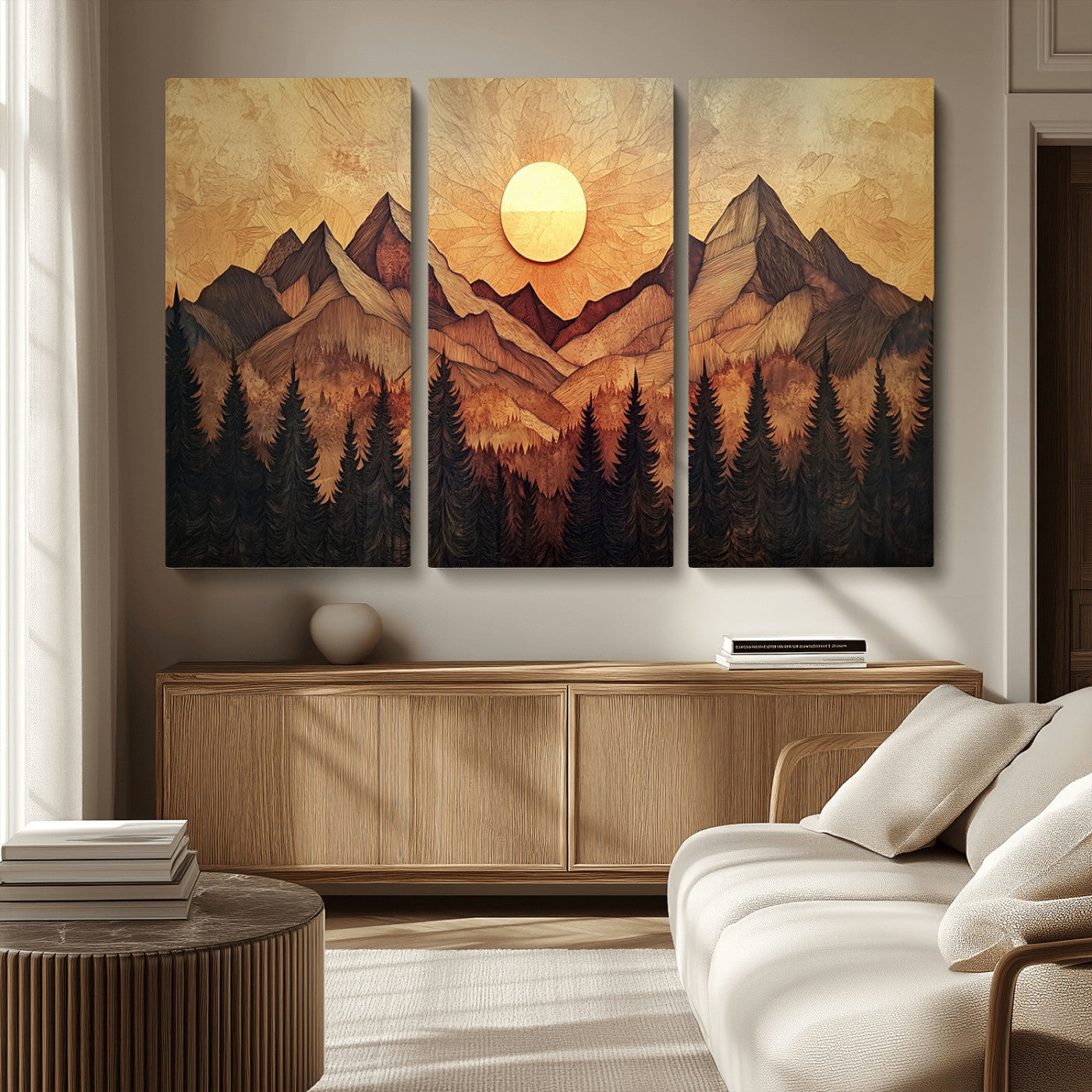 MGV-CV-48X32-3P - Wood Style Abstract Mountain Sunset Canvas Wall Art Print - Warm Earth Nature-Inspired Decor for