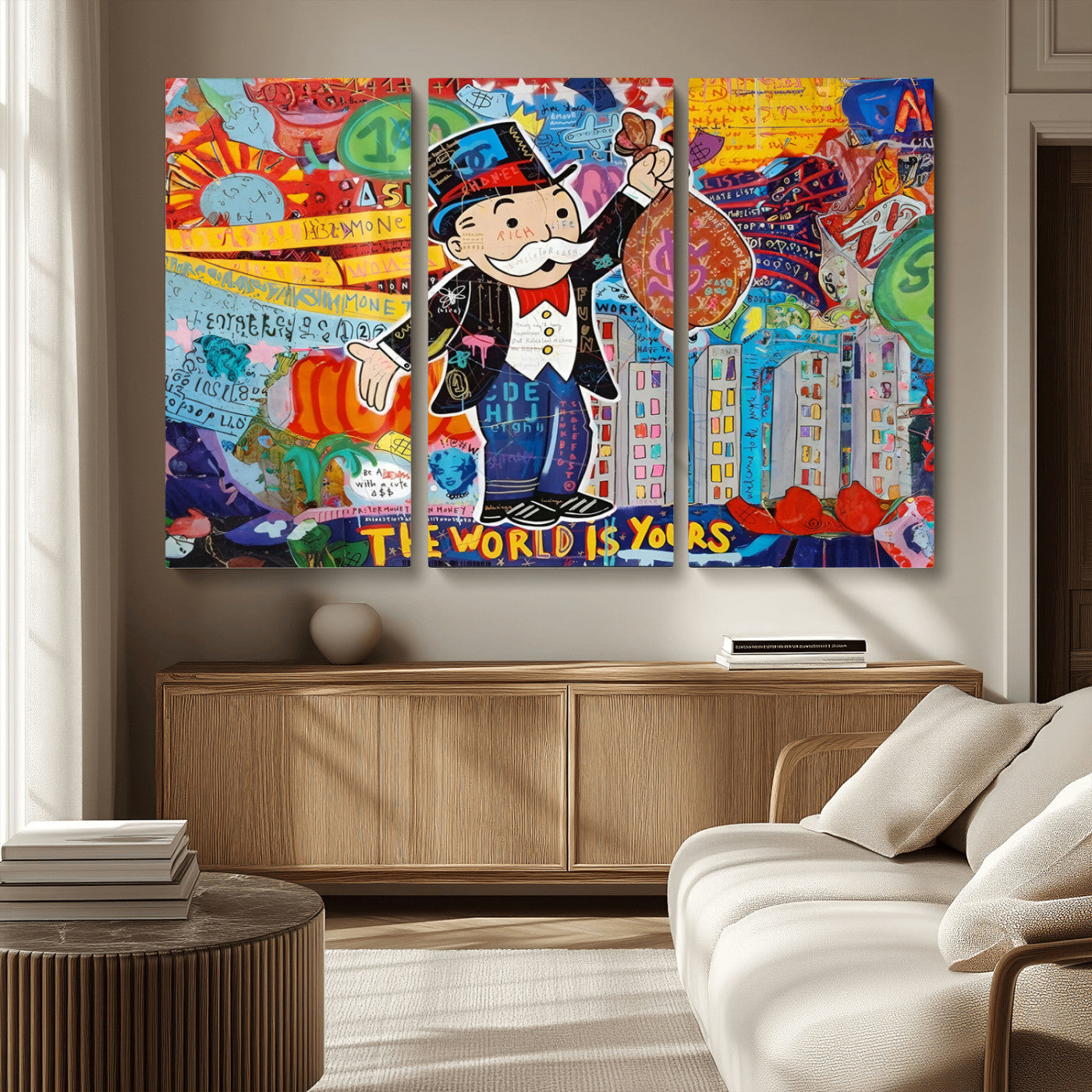 MGV-CV-48X32-3P - Pop Art Monopoly Man Canvas Wall Art Print - Bold and Colorful Street Art-Inspired Decor for Living