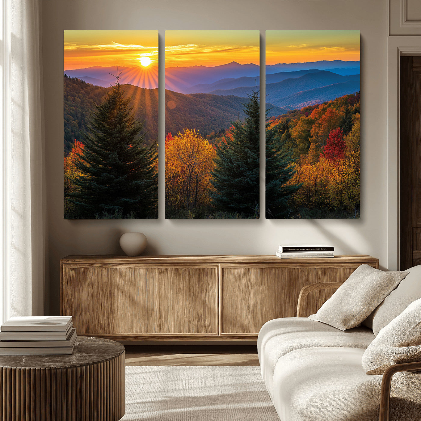 MGV-CV-48X32-3P - Golden Sunset Over Mountain Forest Canvas Wall Art Print - Warm Nature-Inspired Landscape for Living