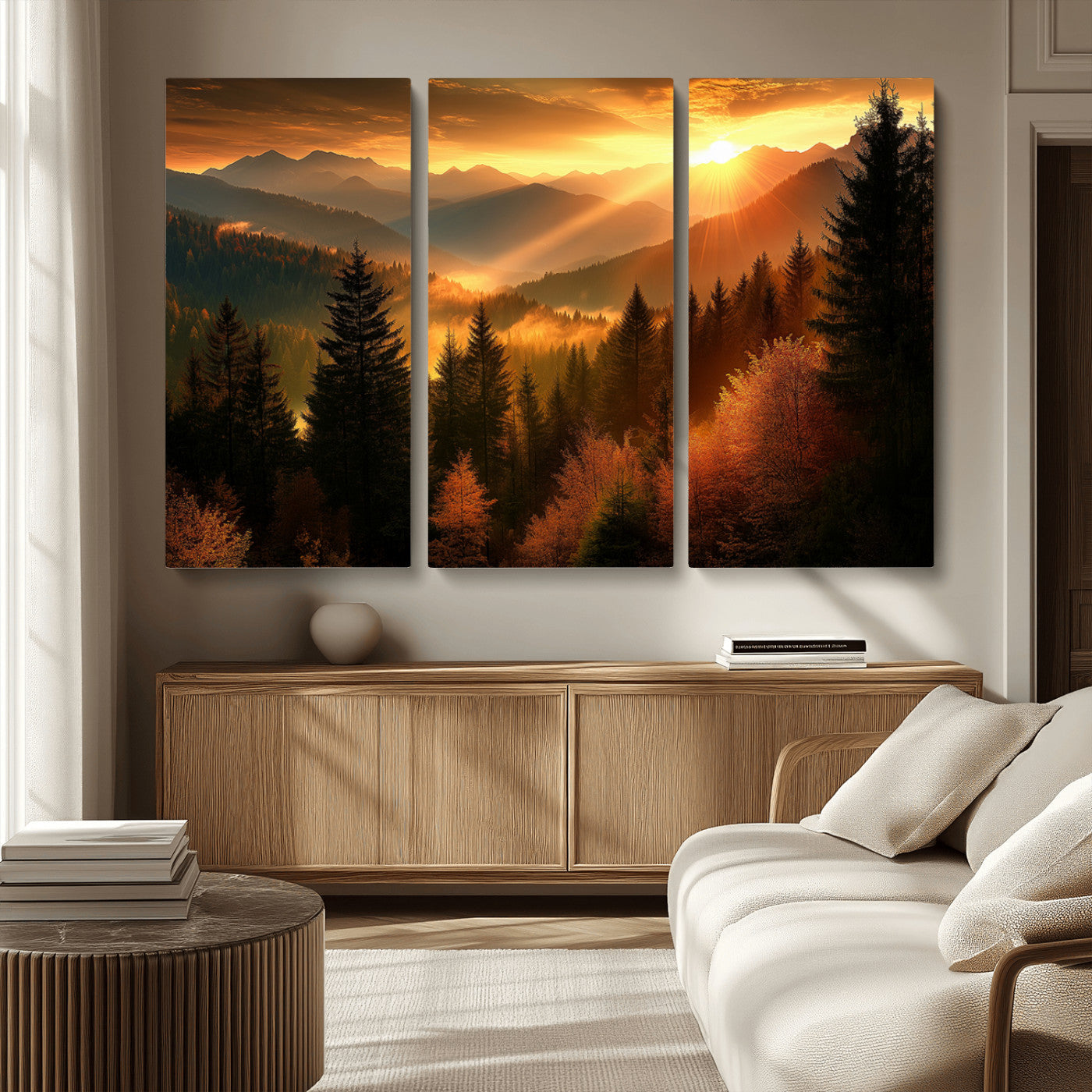 MGV-CV-48X32-3P - Golden Sunset Over Mountain Forest Canvas Wall Art Print - Warm Nature Landscape Print