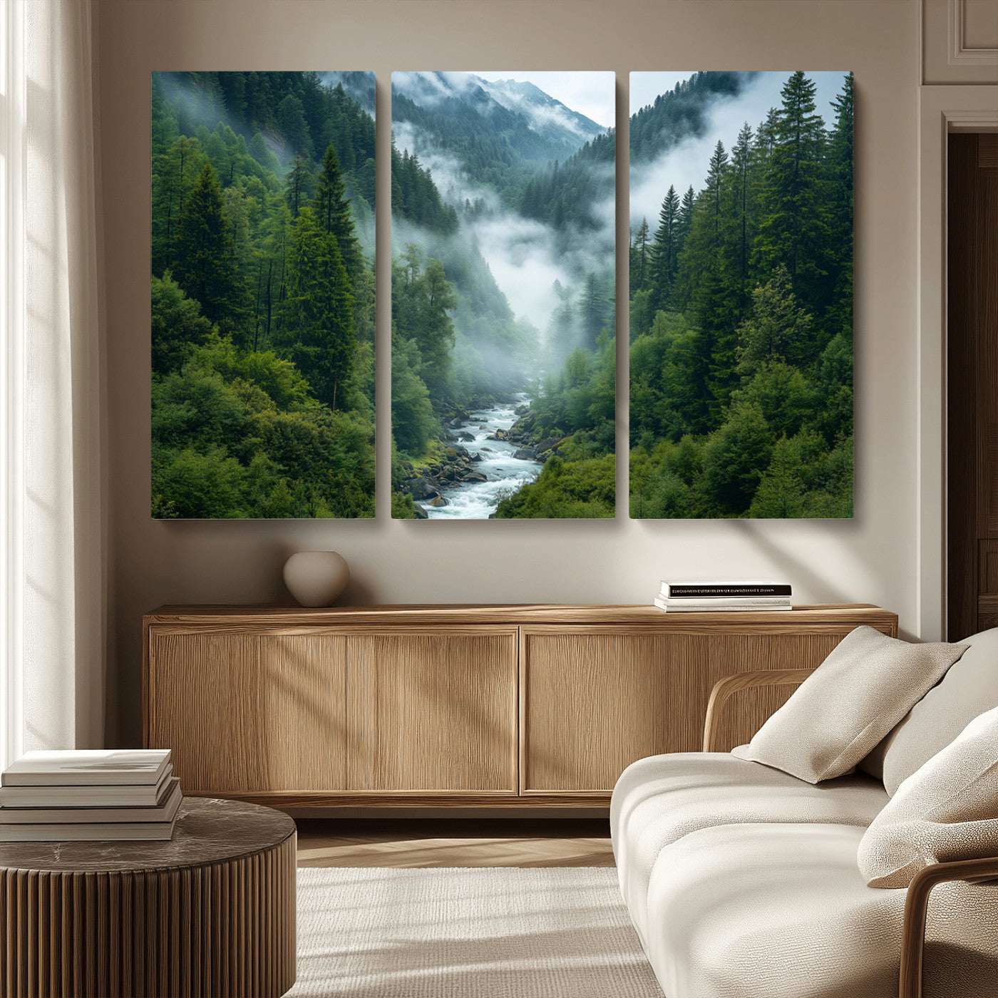 MGV-CV-48X32-3P - Mountain Forest River Canvas Wall Art Print - Serene Nature Landscape for Living Room, Office, or