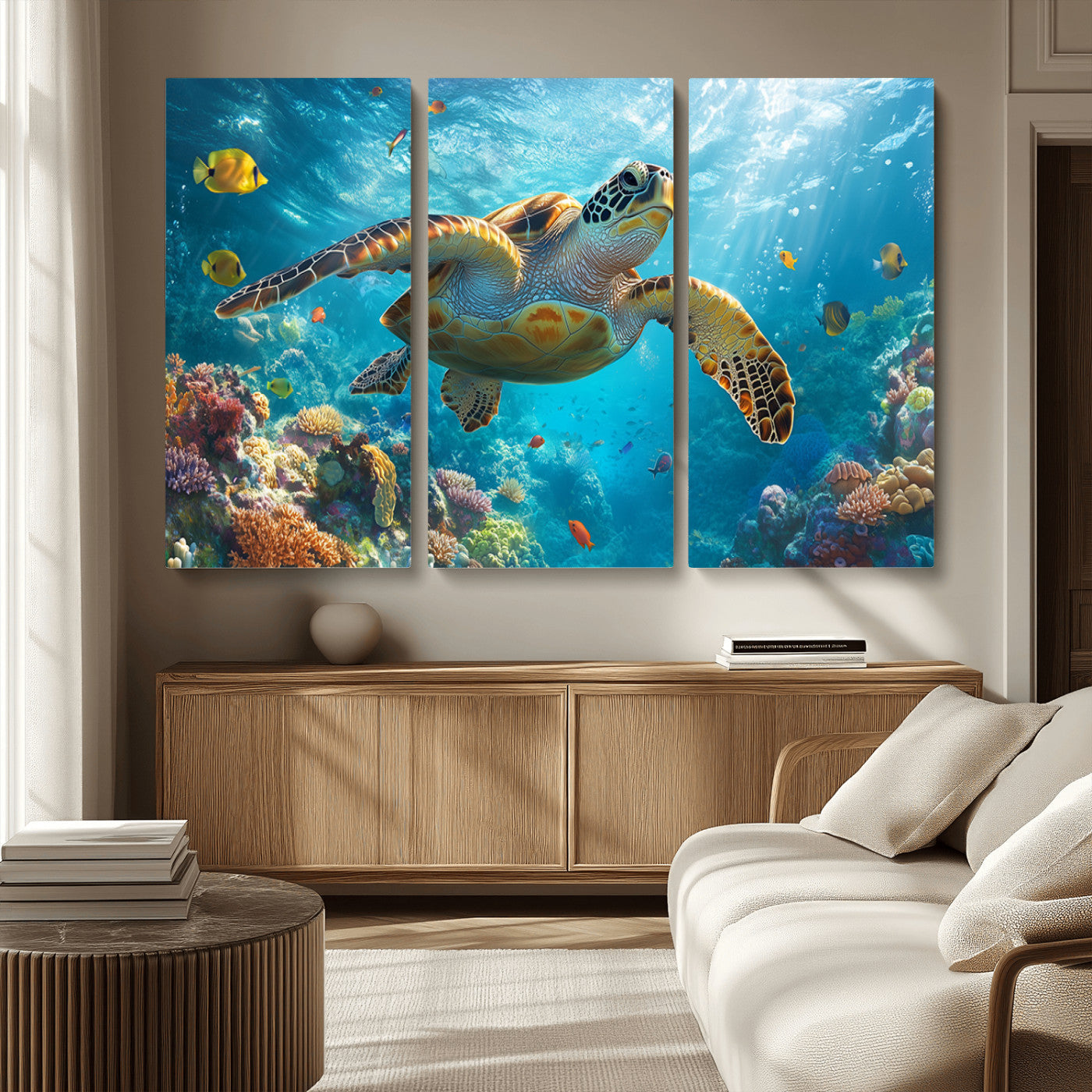 MGV-CV-48X32-3P - Sea Turtle Underwater Canvas Wall Art Print - Vibrant Ocean Wildlife Decor, Marine Wall Art