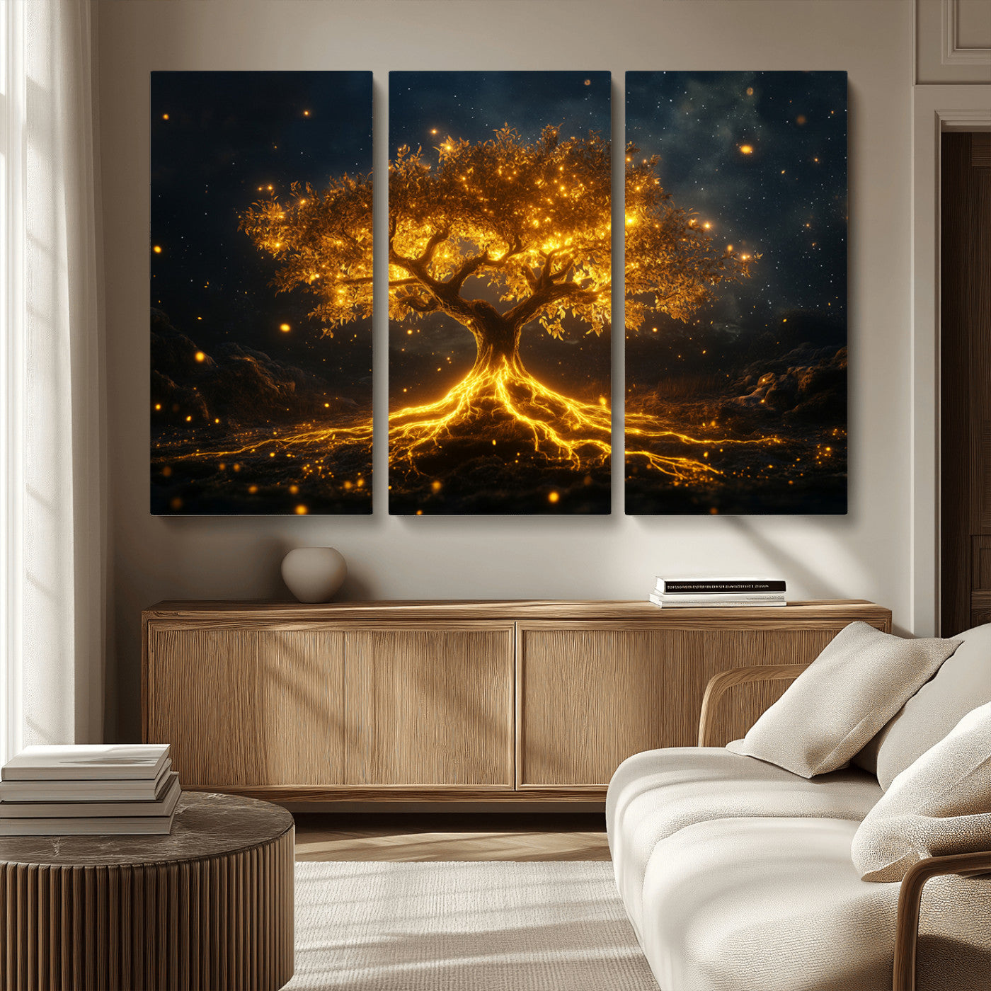 MGV-CV-48X32-3P - Golden Tree of Life Canvas Wall Art Print - Majestic Glowing Tree Design for Living Room, Office, or