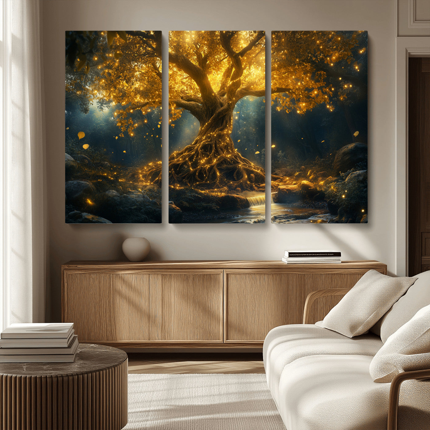 MGV-CV-48X32-3P - Golden Tree of Life Canvas Wall Art Print - Majestic Glowing Tree Wall Art Print