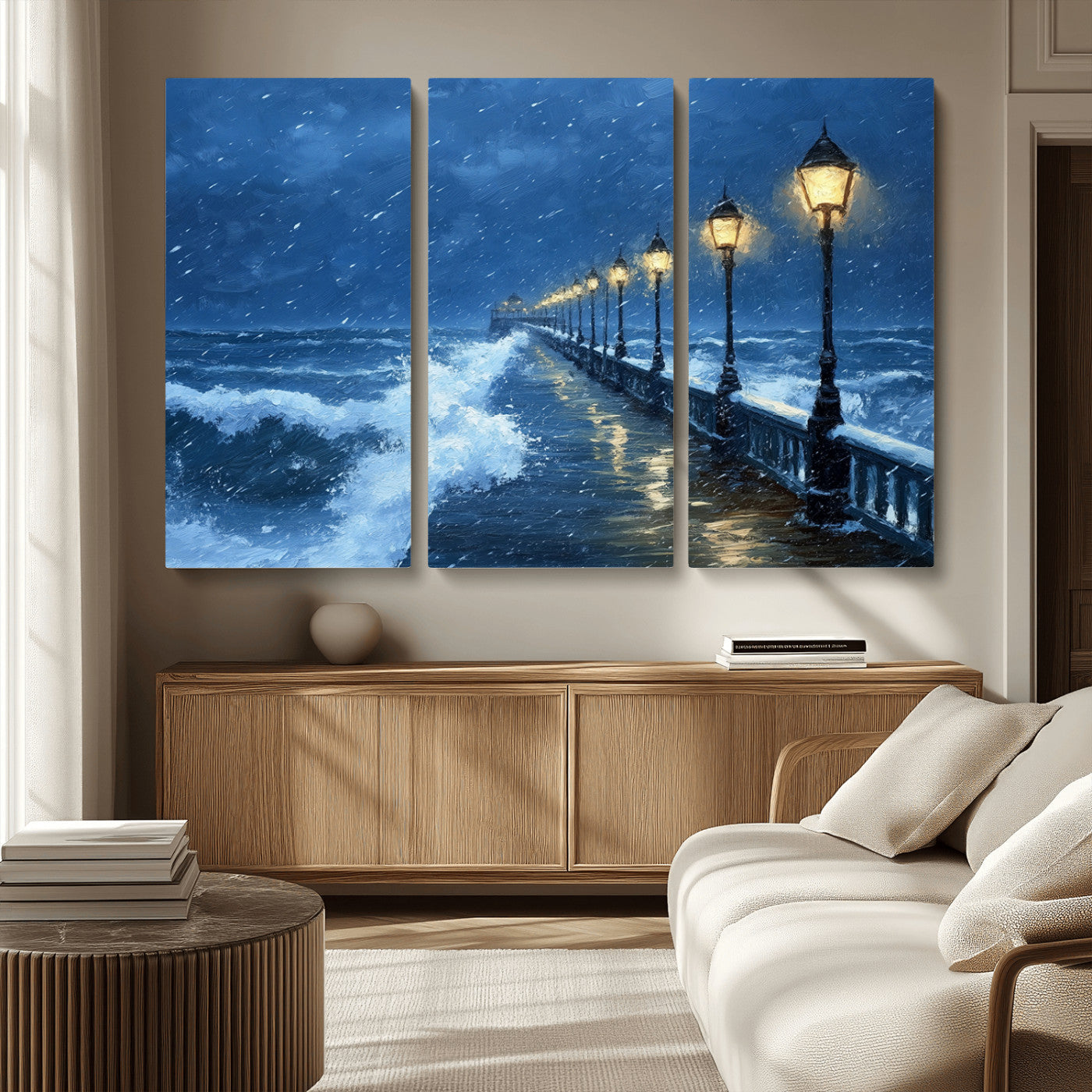 MGV-CV-48X32-3P - Stormy Ocean Pier Lights Canvas Wall Art Print - Large Moody Night Scene for Living Room, or Office,