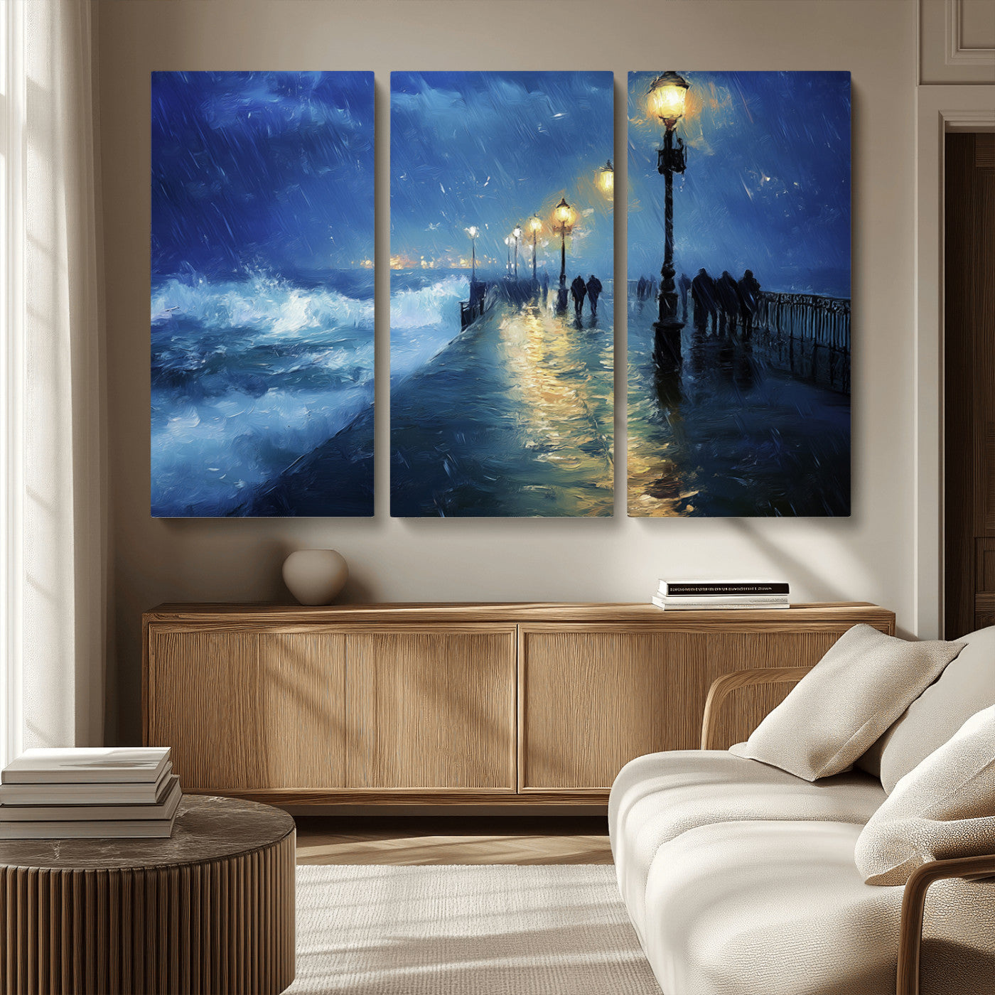 MGV-CV-48X32-3P - Abstract Stormy Ocean Pier Canvas Wall Art Print | Stormy Ocean Art | Large Moody Night Scene Print,