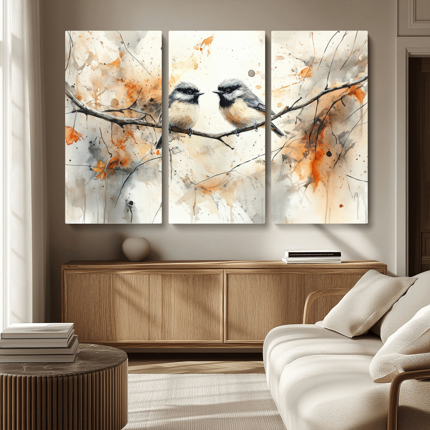 MGV-CV-48X32-3P - Abstract Watercolor Chickadee Bird Canvas Wall Art Print - Large Bird and Branch Wall Art, Modern