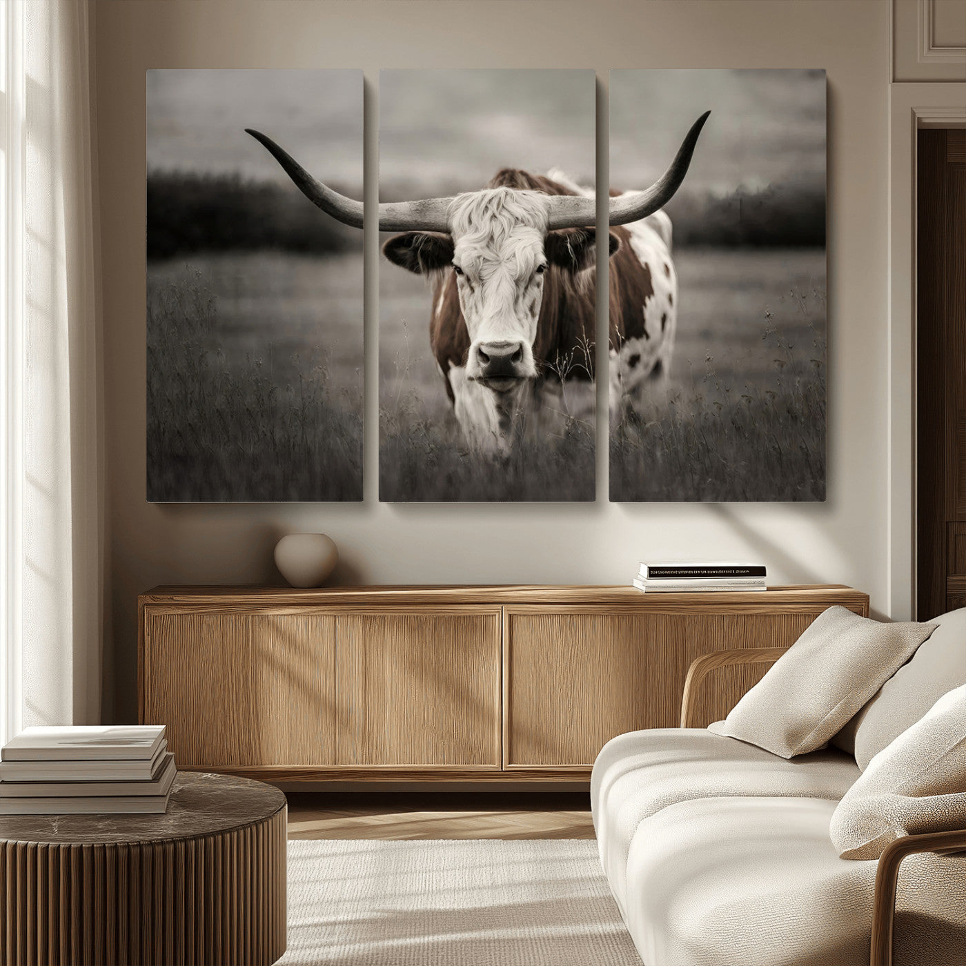 MGV-CV-48X32-3P - Texas Longhorn Cow Canvas Wall Art Print - Large Rustic Longhorn Art for Living Room, Western Wall