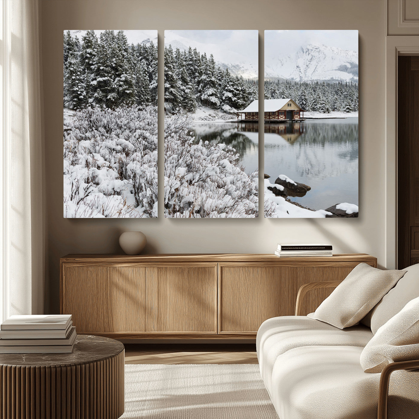 MGV-CV-48X32-3P - Winter Wall Art - Cabin by the Lake Canvas Wall Art - Serene Snowy Landscape with Mountain View,