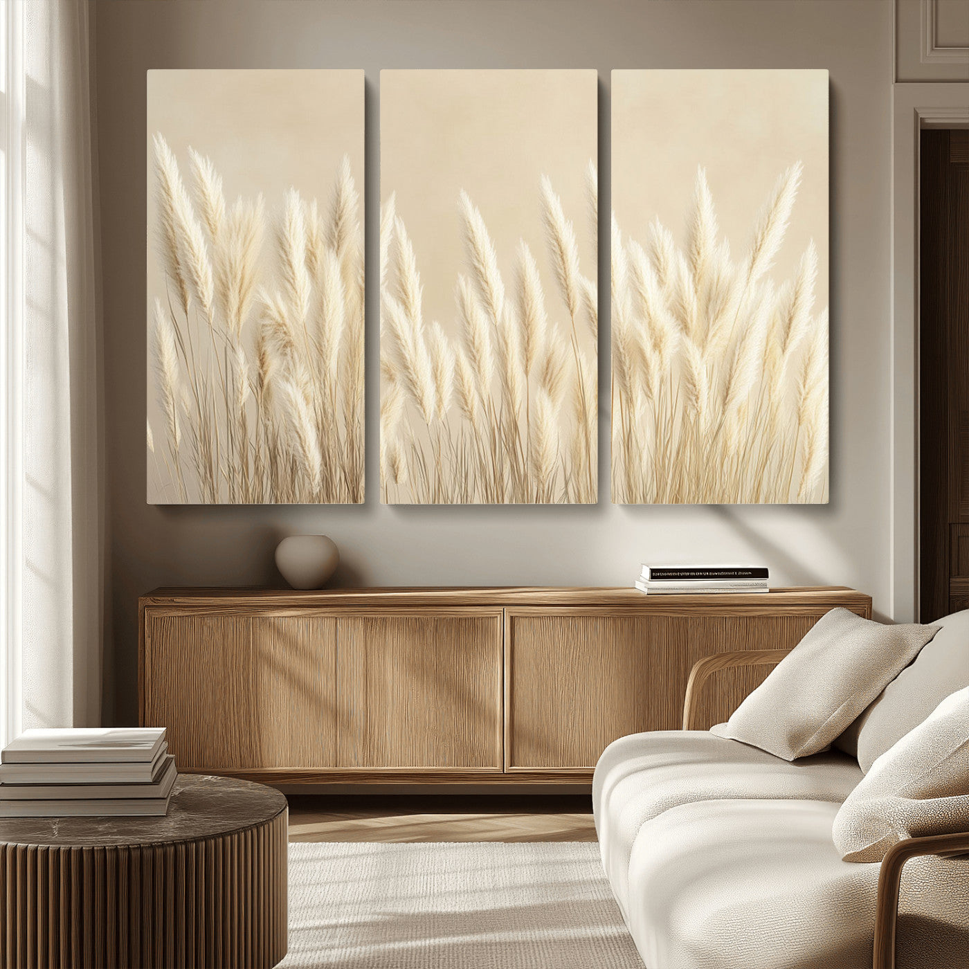MGV-CV-48X32-3P - Grass Wall Art Print - Elegant Neutral Decor for Living Room, Boho Minimalist Artwork, Ready to Hang