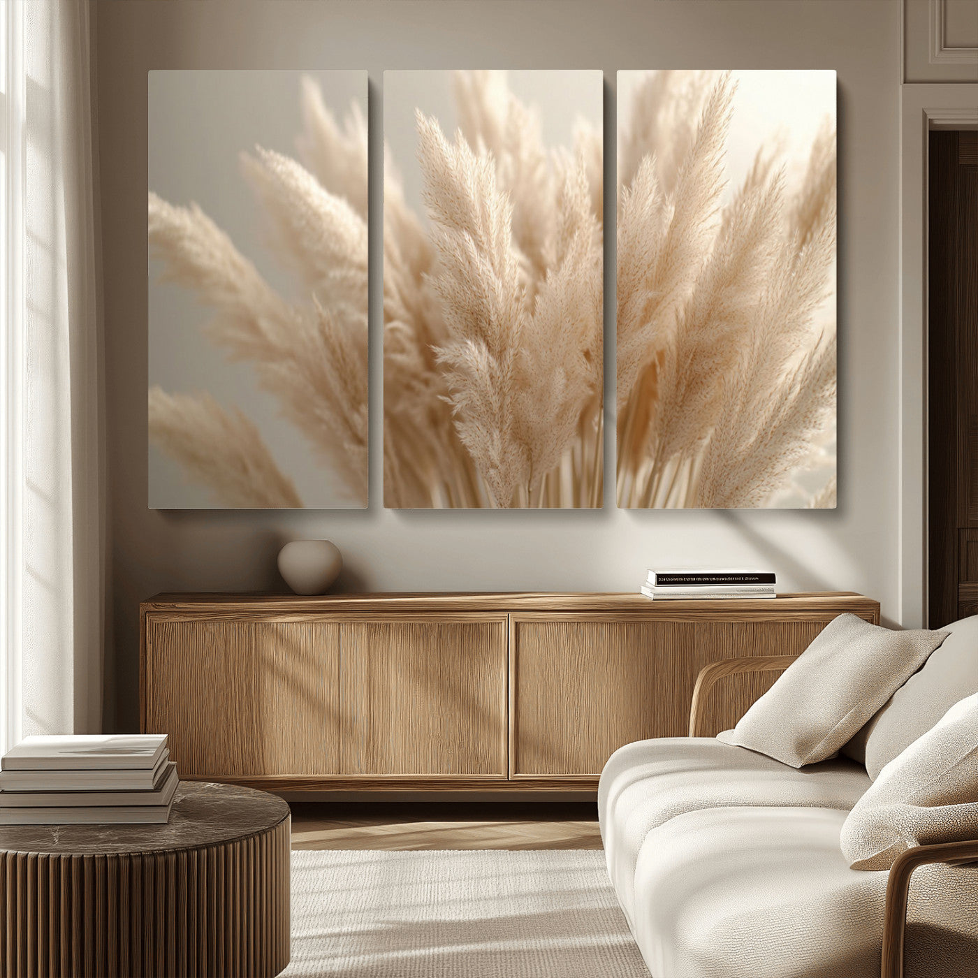MGV-CV-48X32-3P - Pampas Grass Canvas Wall Art - Elegant Neutral Decor for Living Room, Boho Minimalist Artwork, Ready