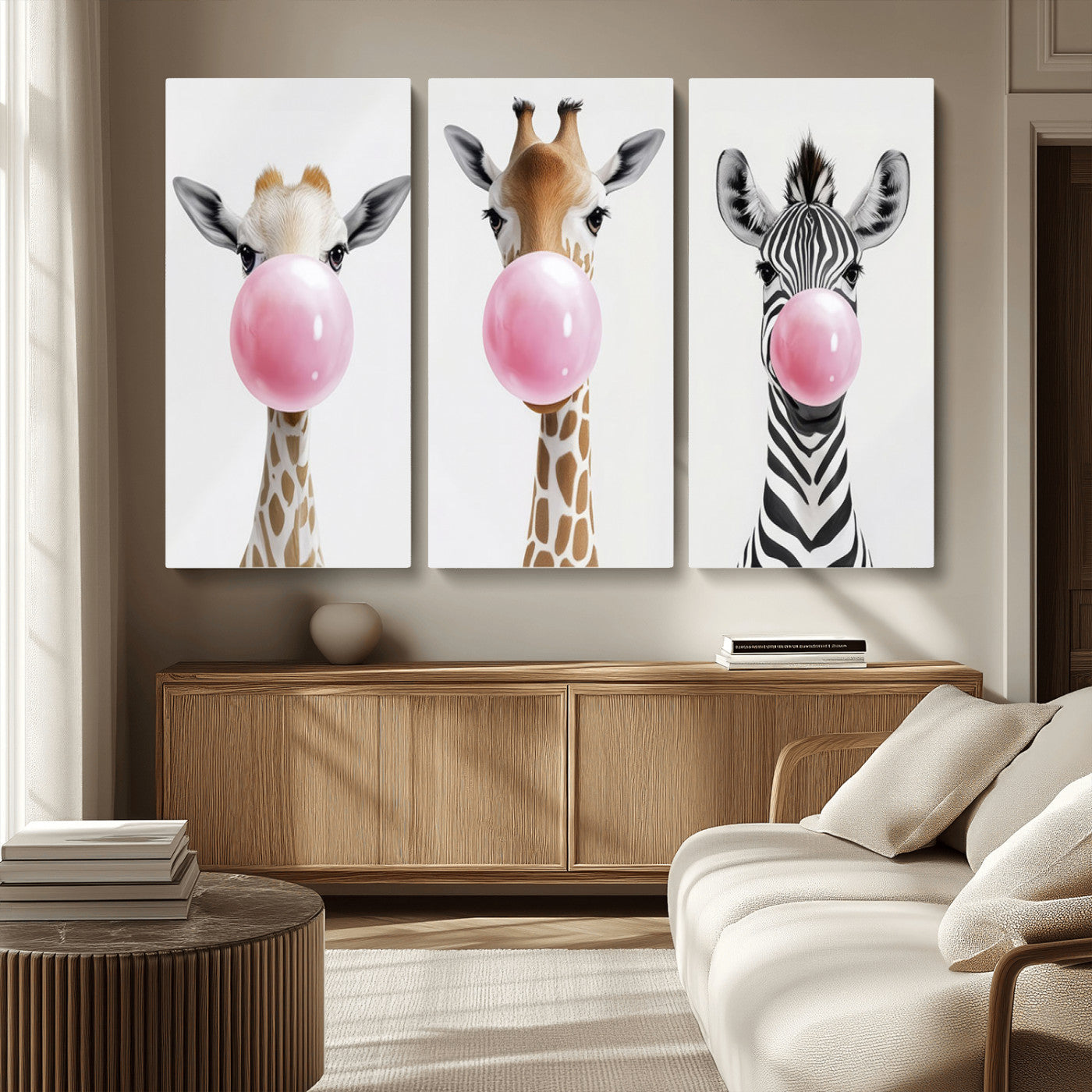 MGV-CV-48X32-3P - Bubblegum Animals Canvas Wall Art - Playful Giraffe and Zebra Trio, Fun Nursery Decor for Kids'