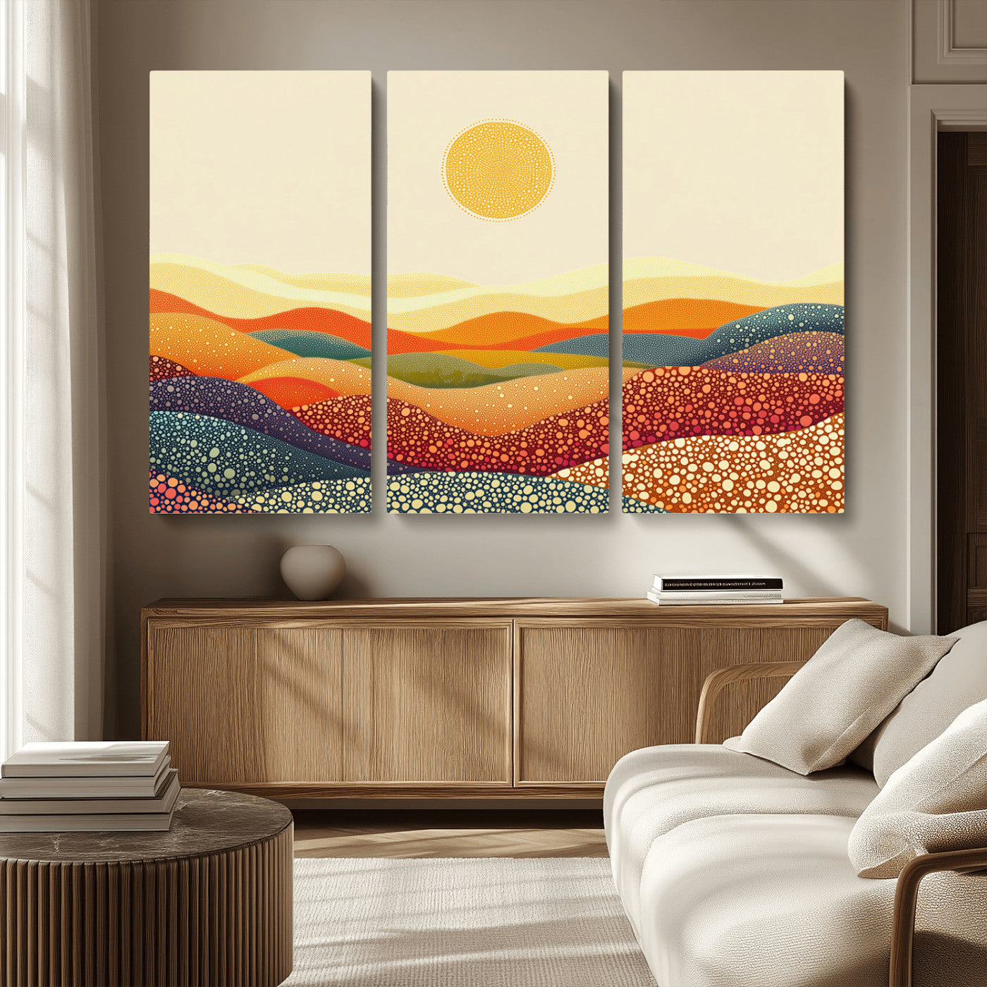 MGV-CV-48X32-3P - YAYOI KUSAMA Colorful Dot Art Landscape Canvas - Framed Abstract Pointillism Inspired by Nature with
