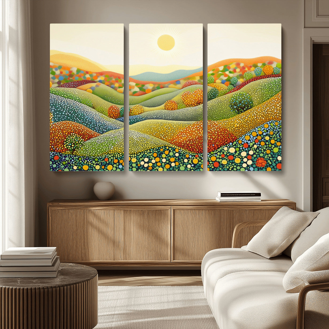 MGV-CV-48X32-3P - YAYOI KUSAMA Wall Art - Colorful Dot Art Landscape Canvas, Framed Japanese Dot Art