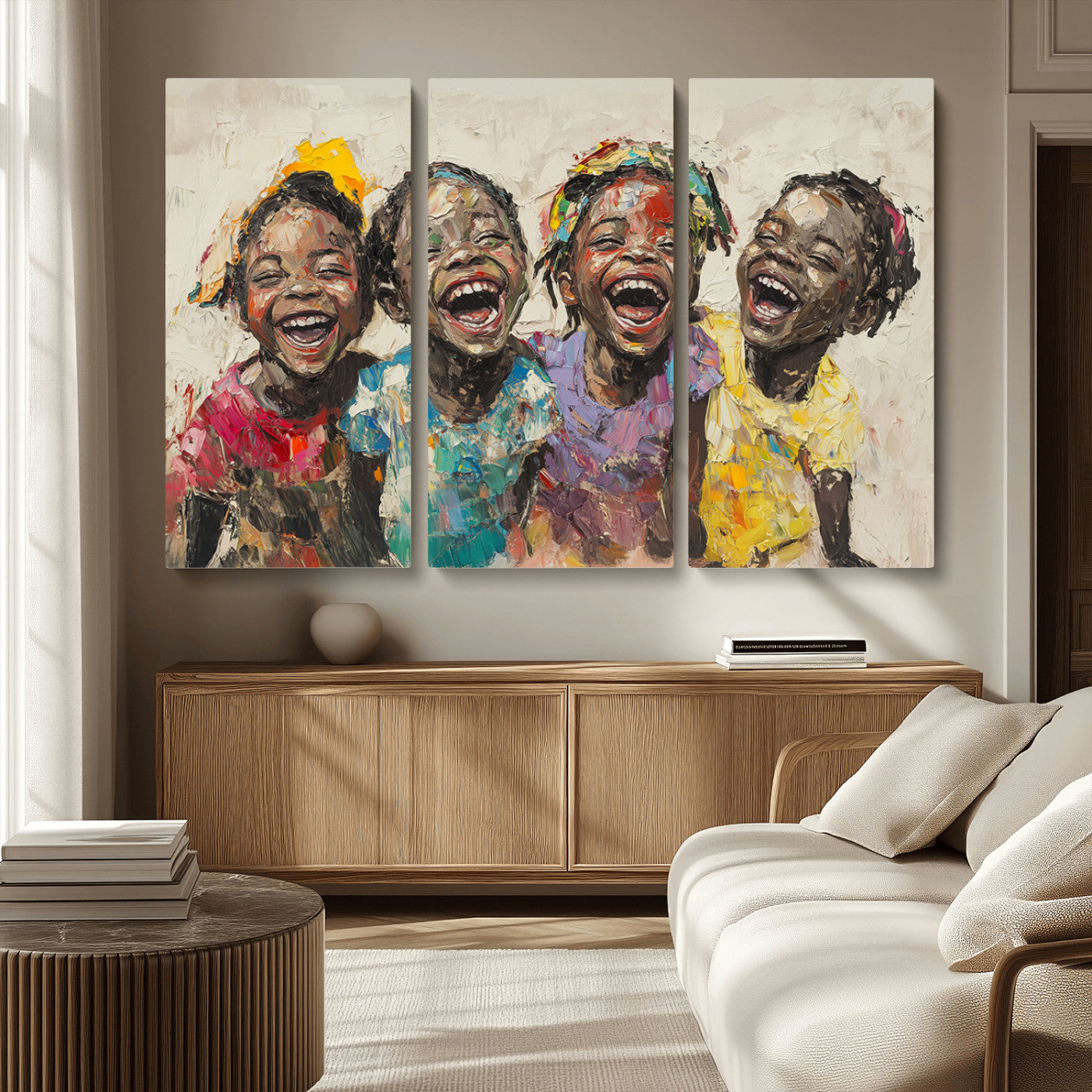 MGV-CV-48X32-3P - Shai Yossef style Joyful Childhood Canvas Wall Art - Expressive Impasto Painting of Black Children