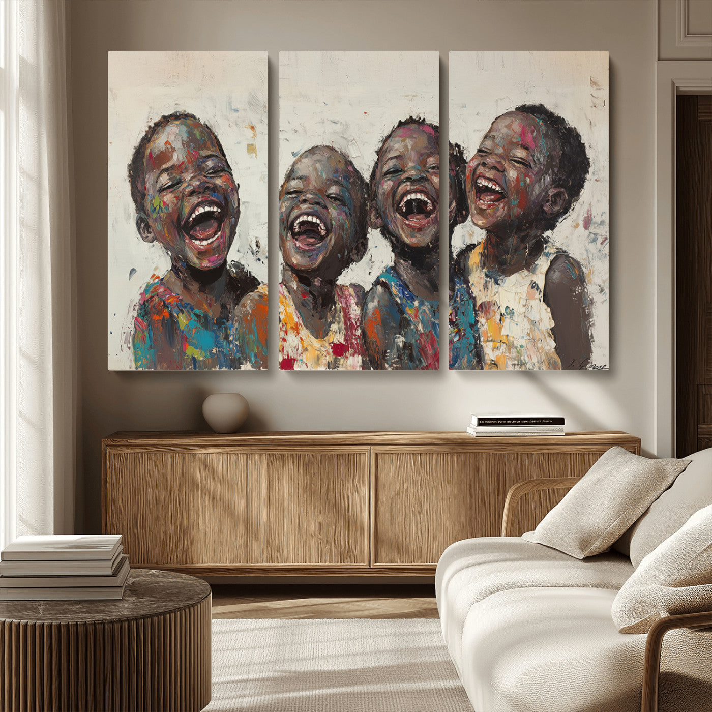 85256-MGV-CV-36X24-Shai Yossef Print - Joyful Childhood Canvas Wall Art - Expressive Impasto Painting of Laughing
